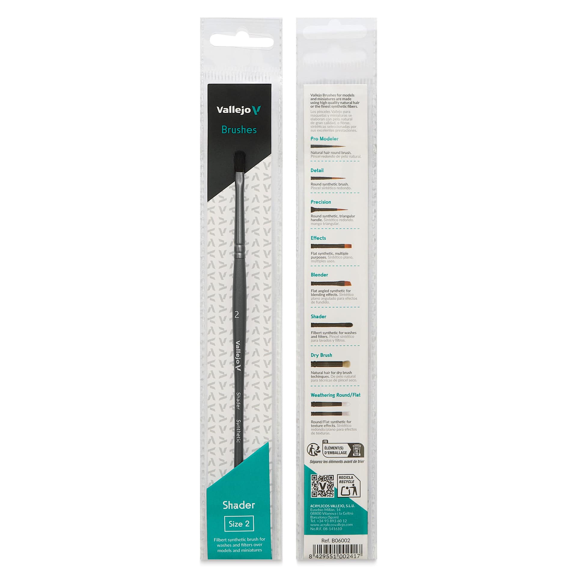 Vallejo Synthetic Squirrel Hobby Brush - Filbert Shader, Size 2, front and back of packaging