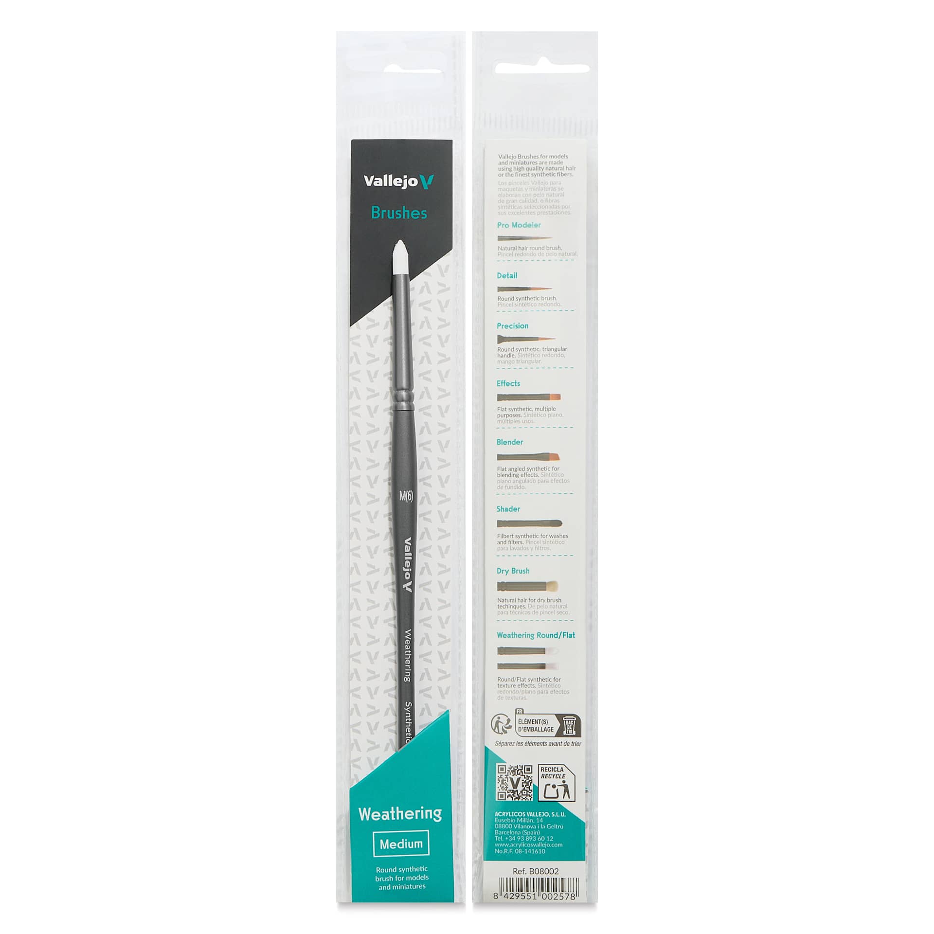 Vallejo White Synthetic Weathering Brush - Round, Medium Size 6, front and back of packaging