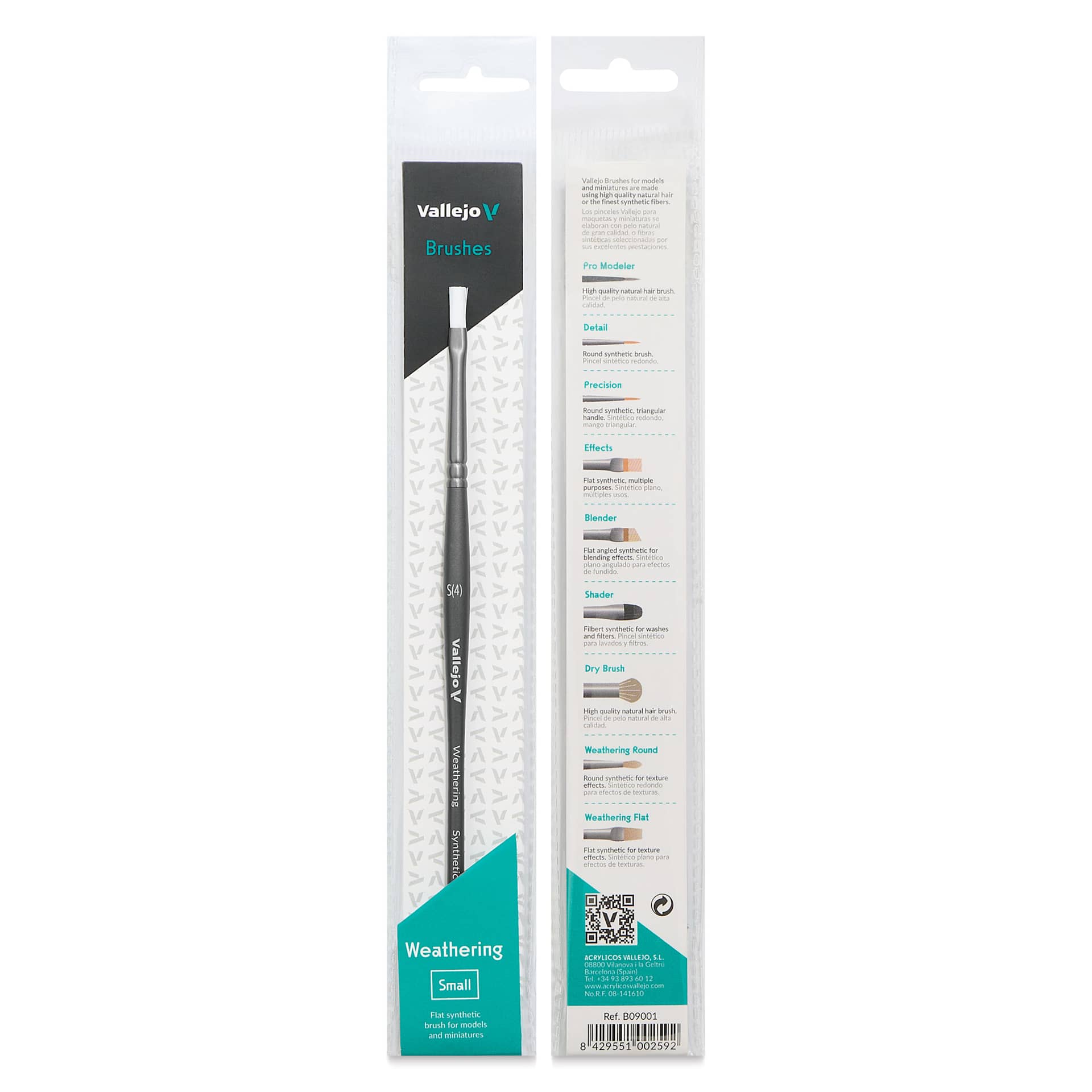 Vallejo White Synthetic Weathering Brush - Flat, Small Size 4, front and back of packaging