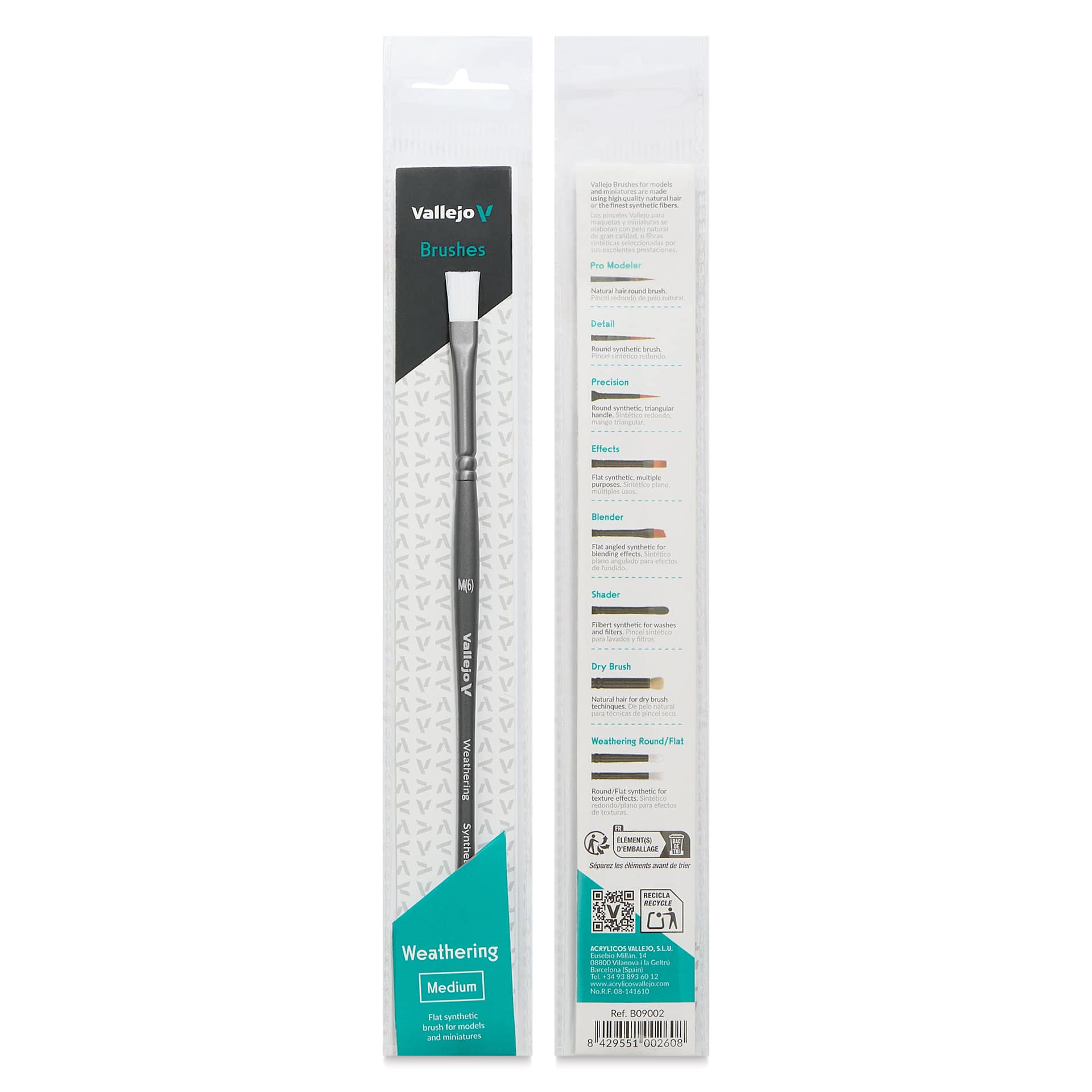 Vallejo White Synthetic Weathering Brush - Flat, Medium Size 6, front and back of packaging
