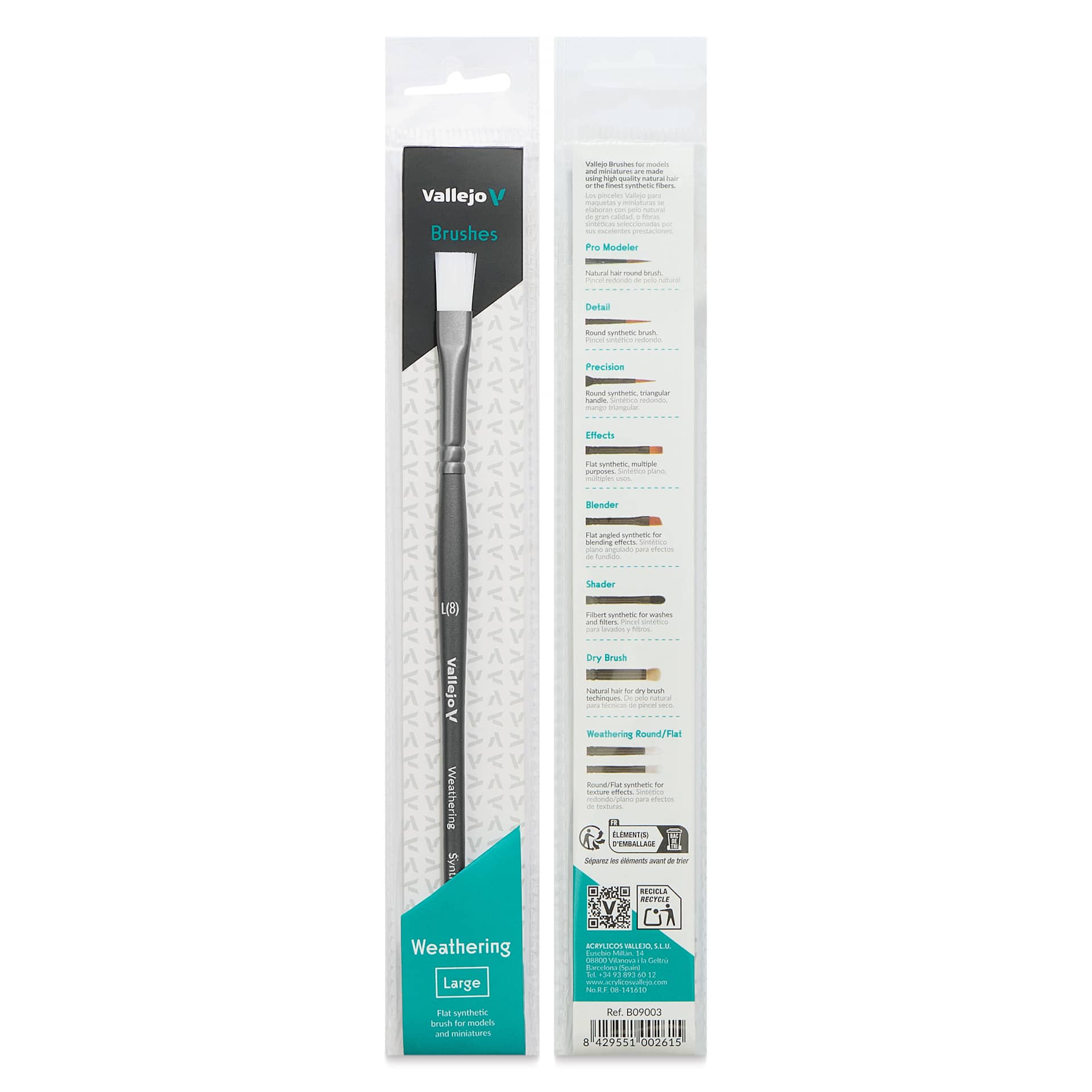 Vallejo White Synthetic Weathering Brush - Flat, Large Size 8, front and back of packaging