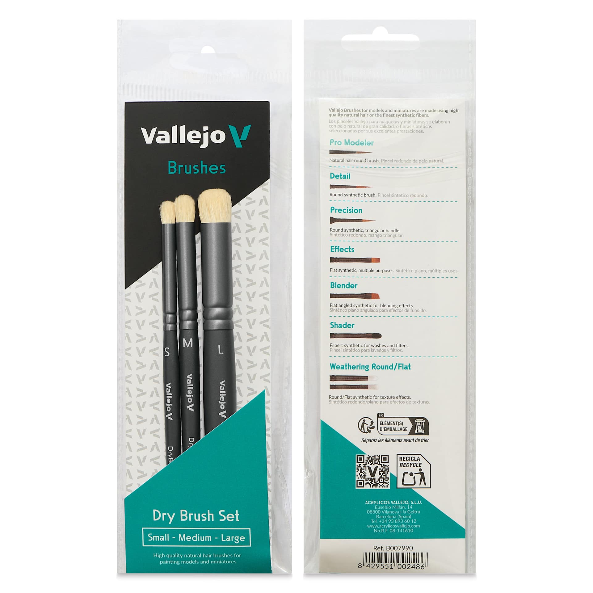 Vallejo Natural White Goat Hair Dry Brushes - Set of 3, front and back of packging