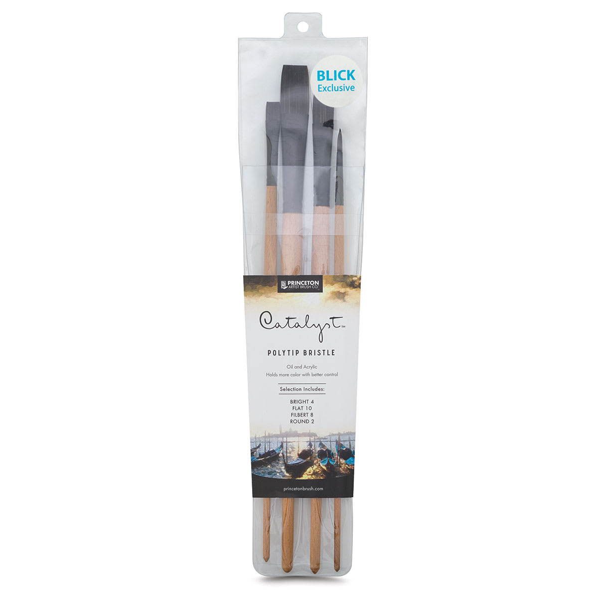 Princeton Catalyst Polytip Bristle Brushes - Front of package of Long Handle Set of 4 