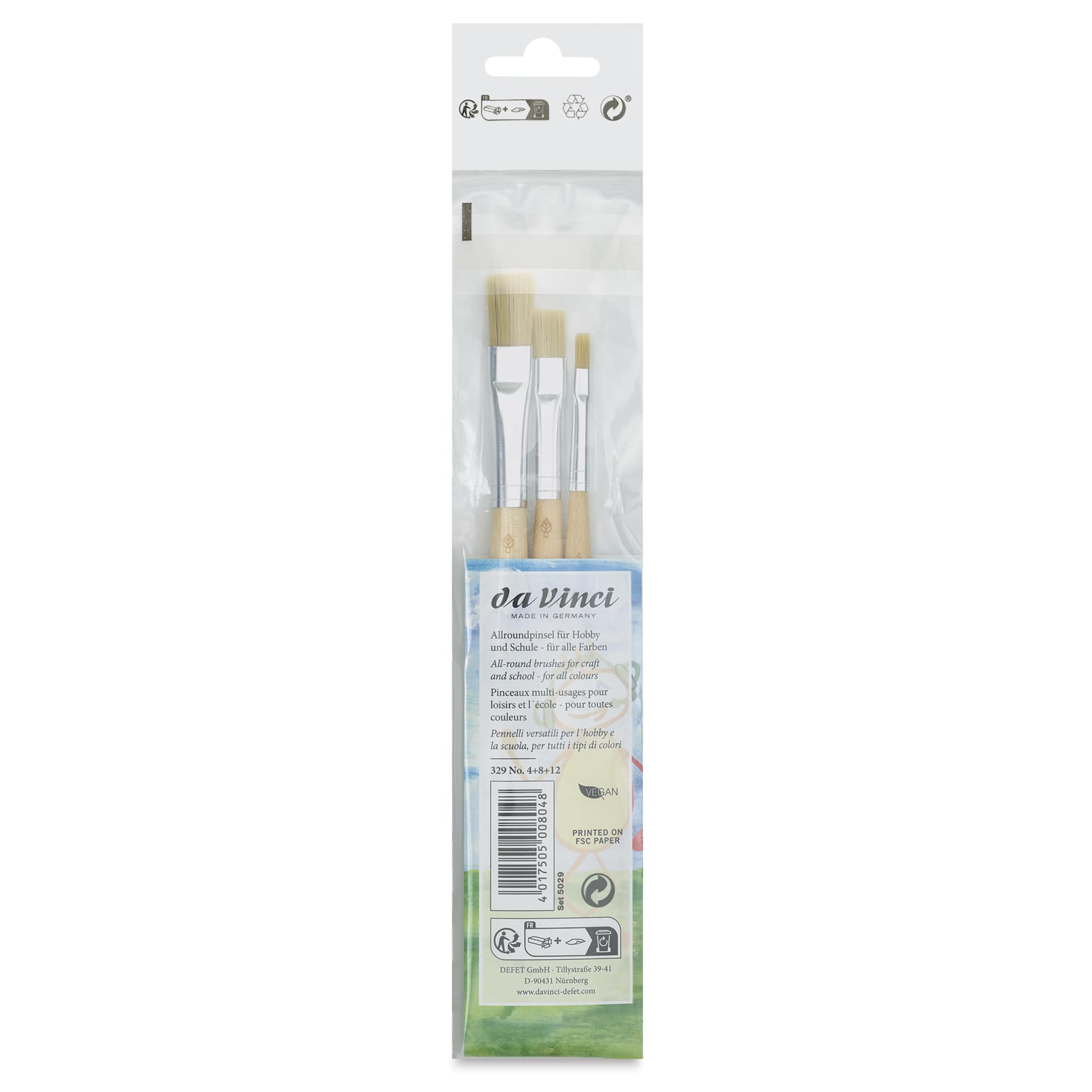 Da Vinci Junior Synthetic Bristle Brushes - Flat, Set of 3, back of the packaging