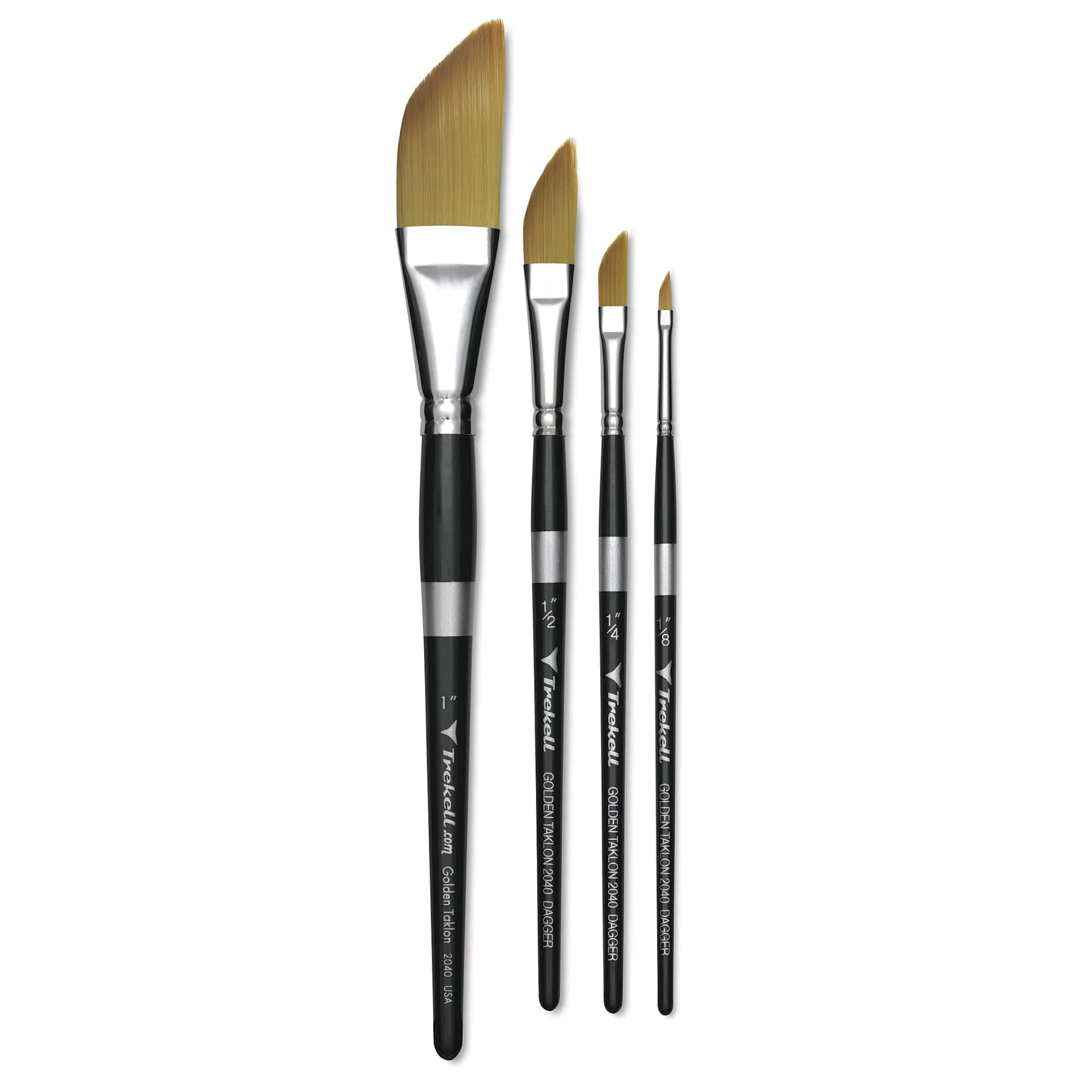Trekell Synthetic Golden Taklon Brushes - Short Handle, Dagger brushes laid out