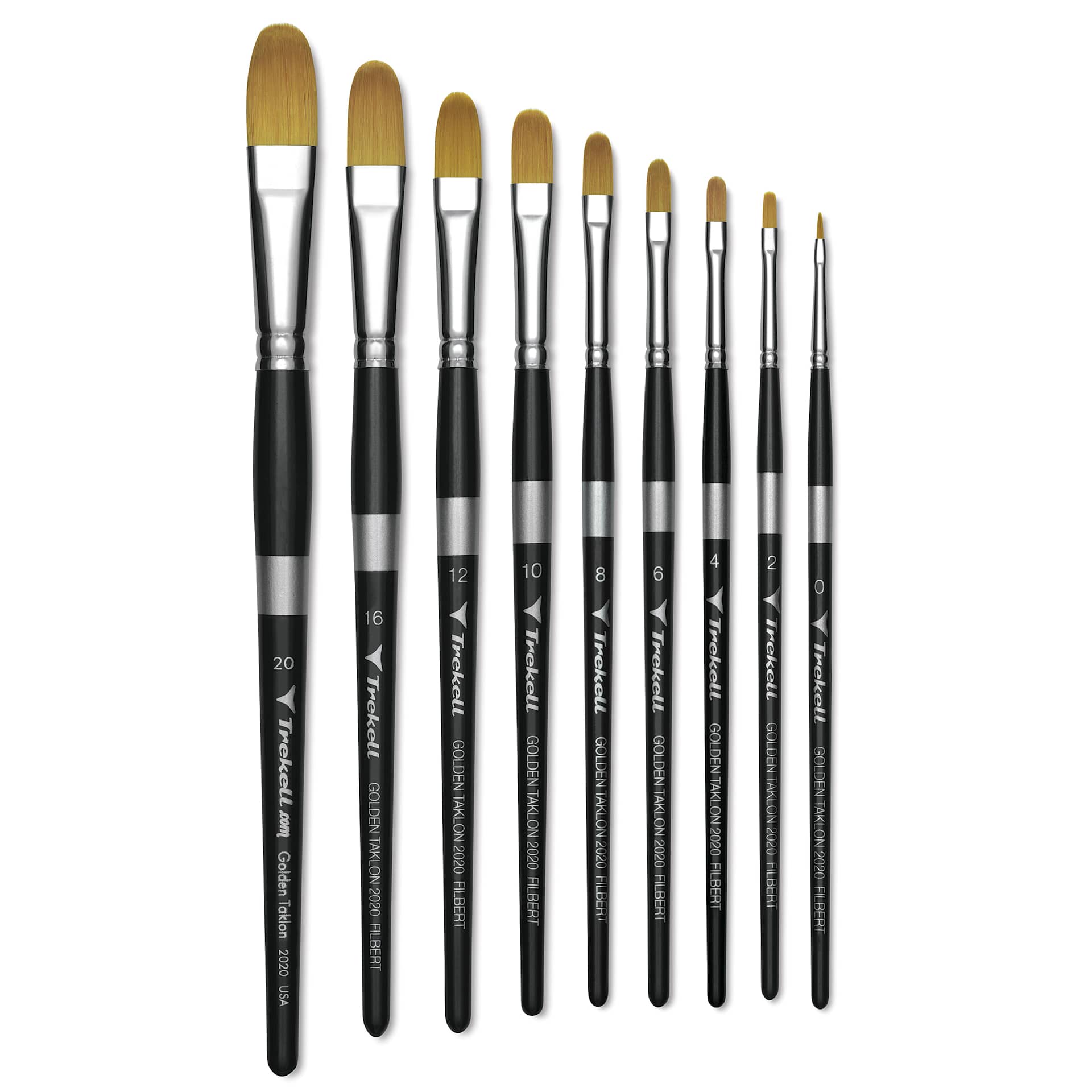 Trekell Synthetic Golden Taklon Brushes - Short Handle, Filbert brushes laid out