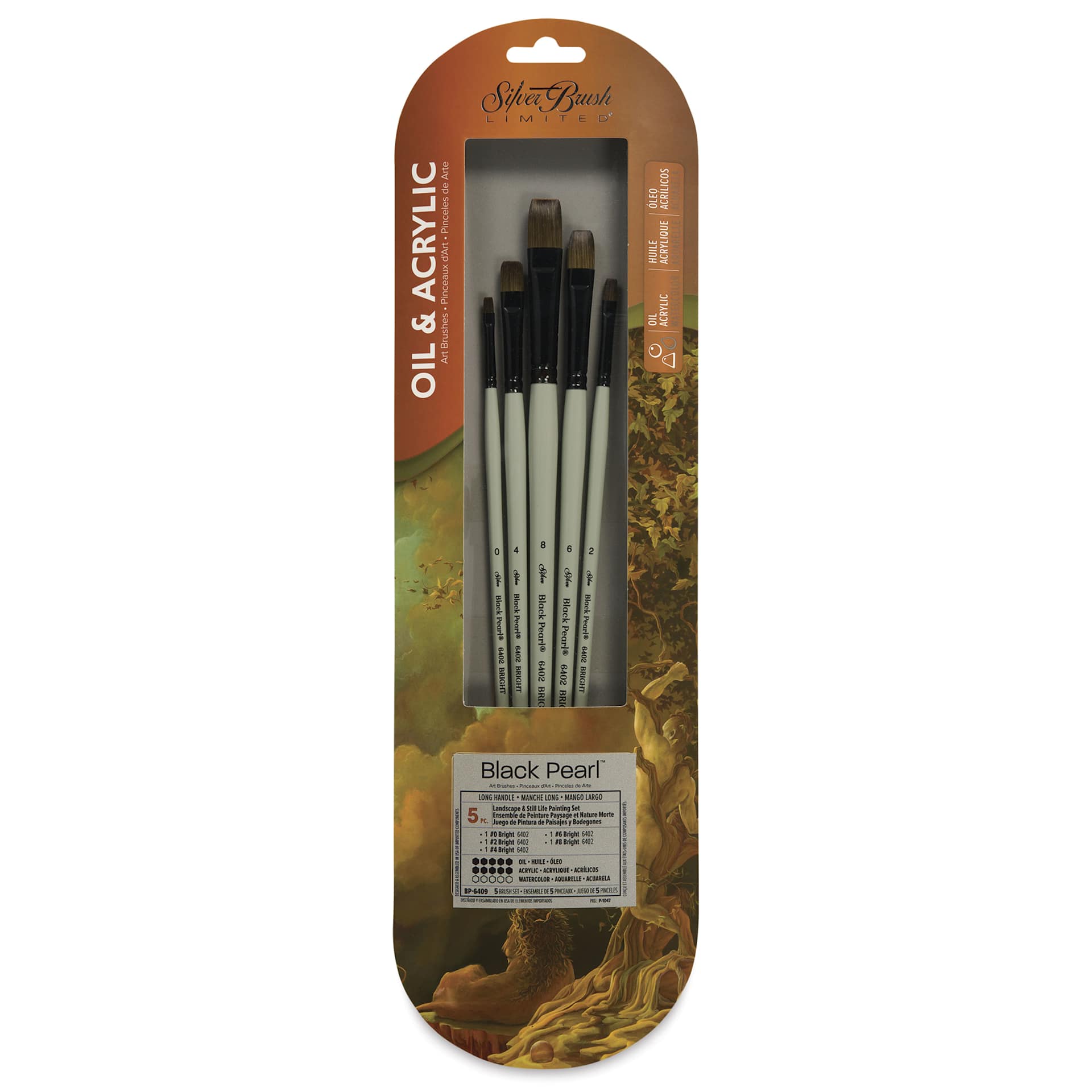 Silver Brush Black Pearl Synthetic Brushes - Landscape and Still Life Painting, Set of 5, front of pack