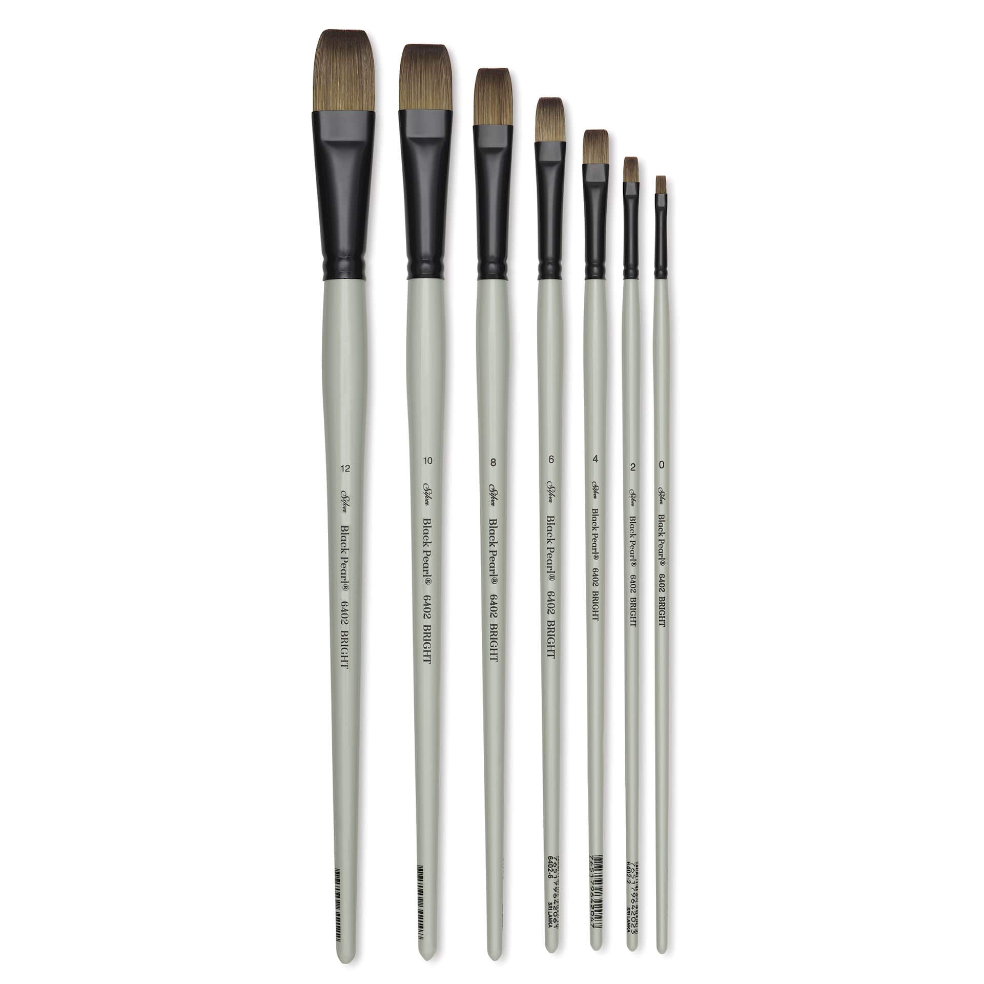 Silver Brush Black Pearl Synthetic Bright Brushes in various sizes laid out