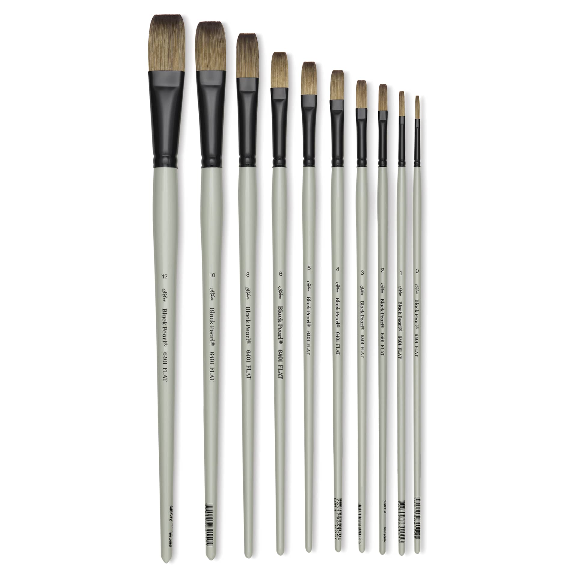 Silver Brush Black Pearl Synthetic Flat Brushes in various sizes laid out