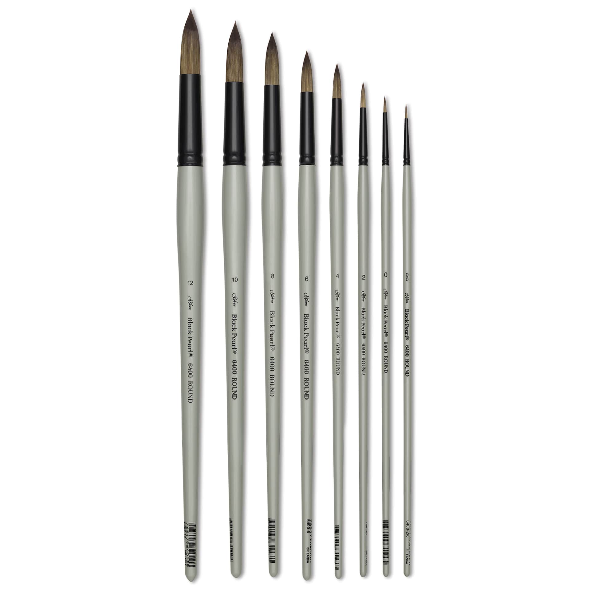 Silver Brush Black Pearl Synthetic Round Brushes in various sizes laid out