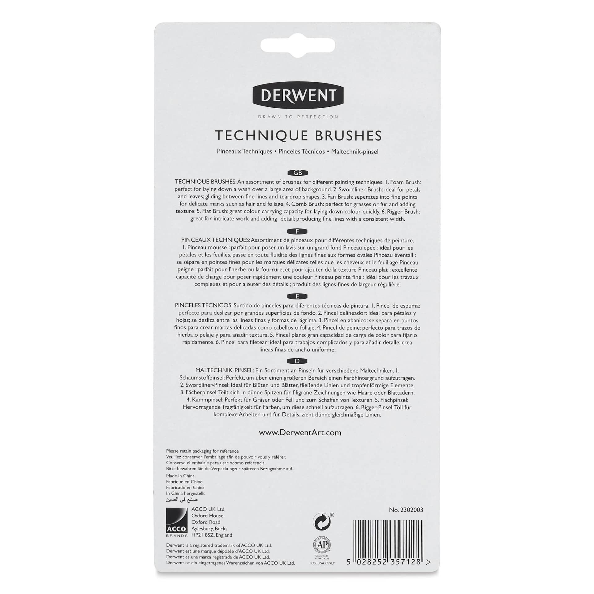 Derwent Techniques Brushes - Assorted, Set of 6, back of the packaging
