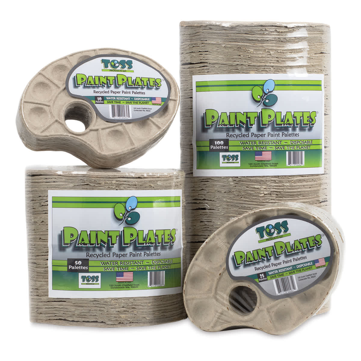 Toss Paint Plates Disposable Palettes - Multiple sized packages of plates shown