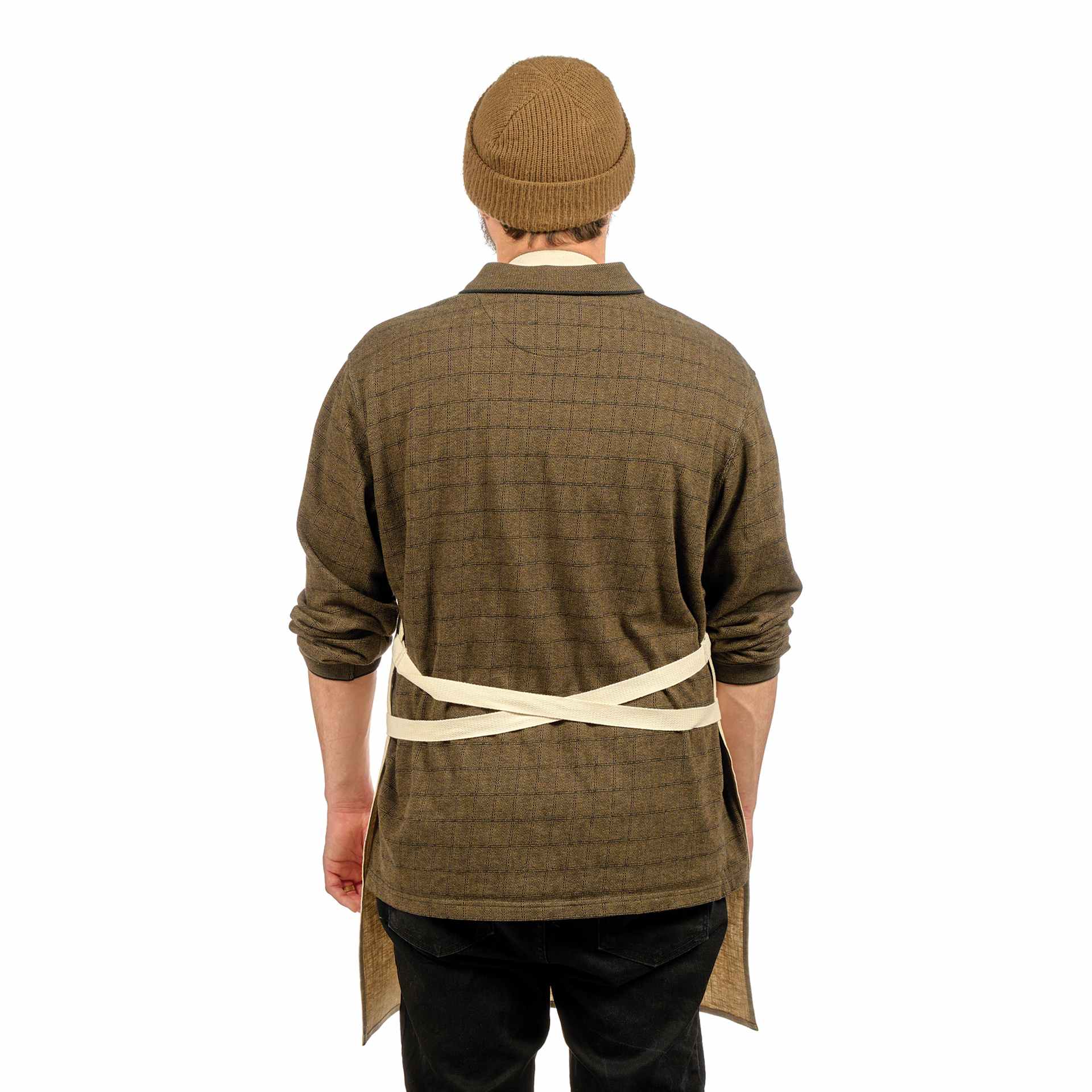 Back view of Blick Artisan Apron - Oatmeal on a person