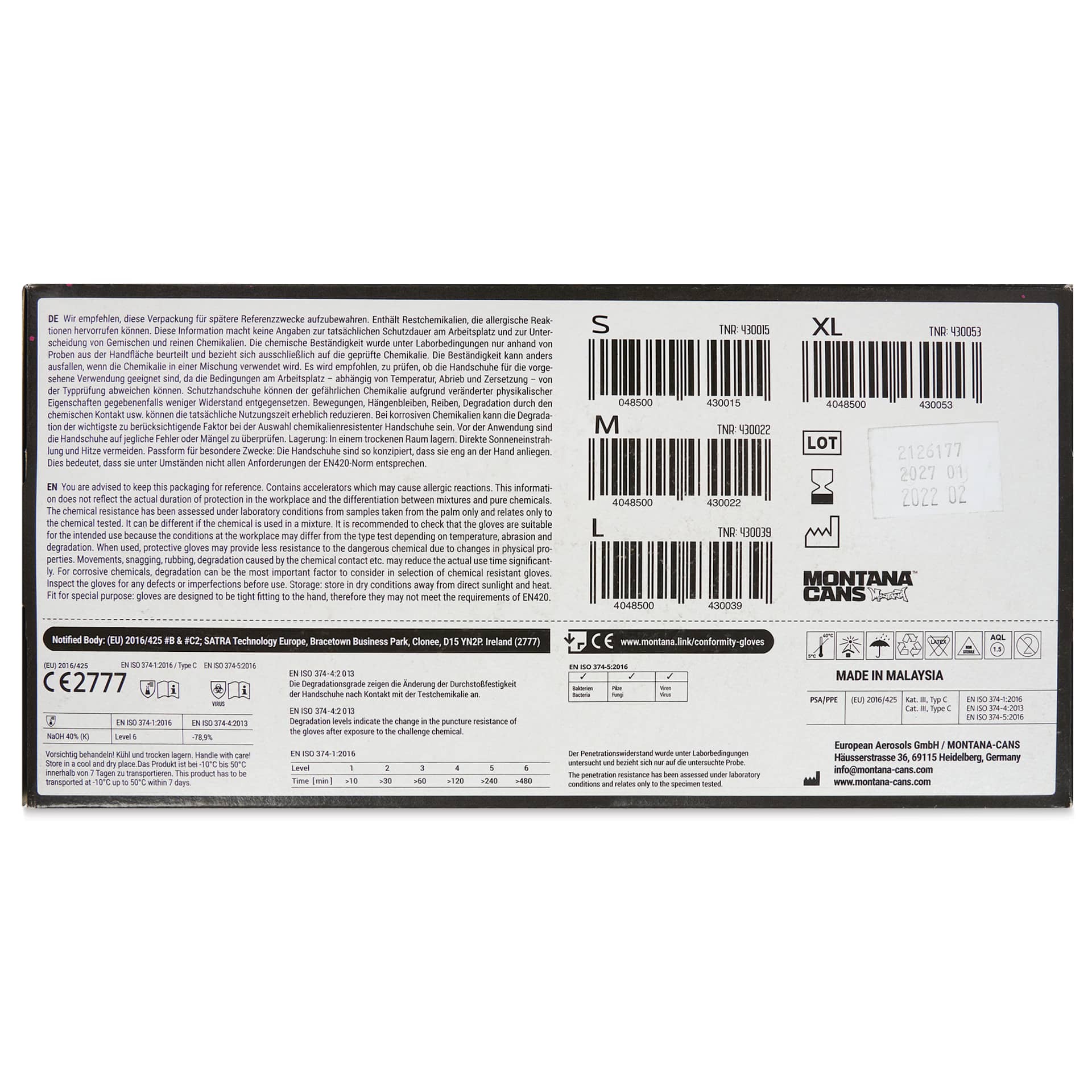 Montana Nitrile Gloves - Medium, Pkg of 100 Pairs, back of the packaging