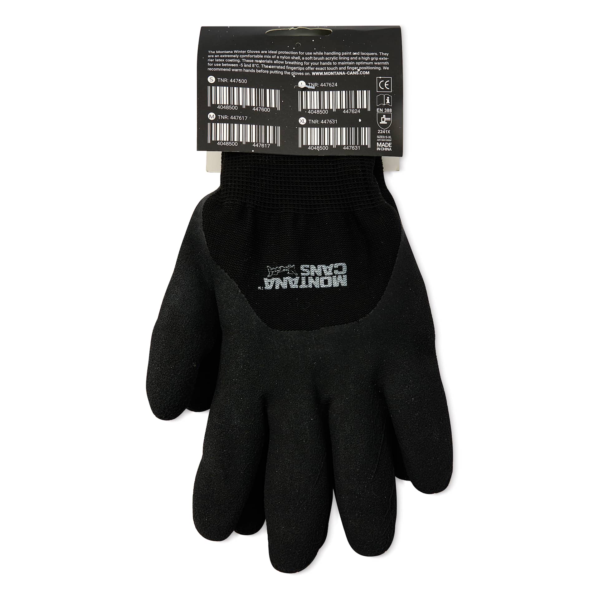 Montana Winter Gloves - Medium, back of the packaging showing left glove attached