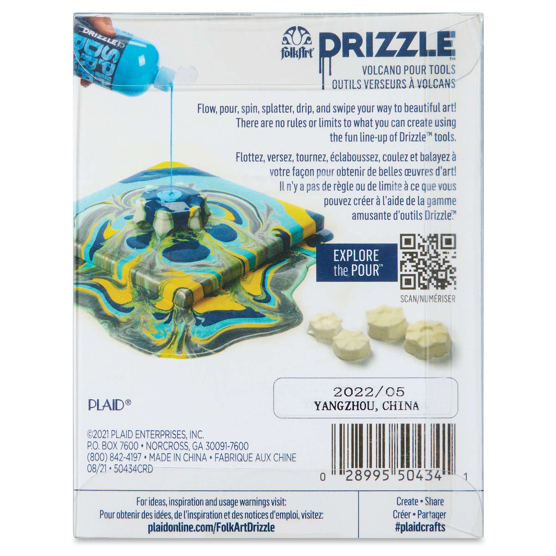 FolkArt Drizzle Volcano Paint Pour Tools - Set of 8, back of the packaging