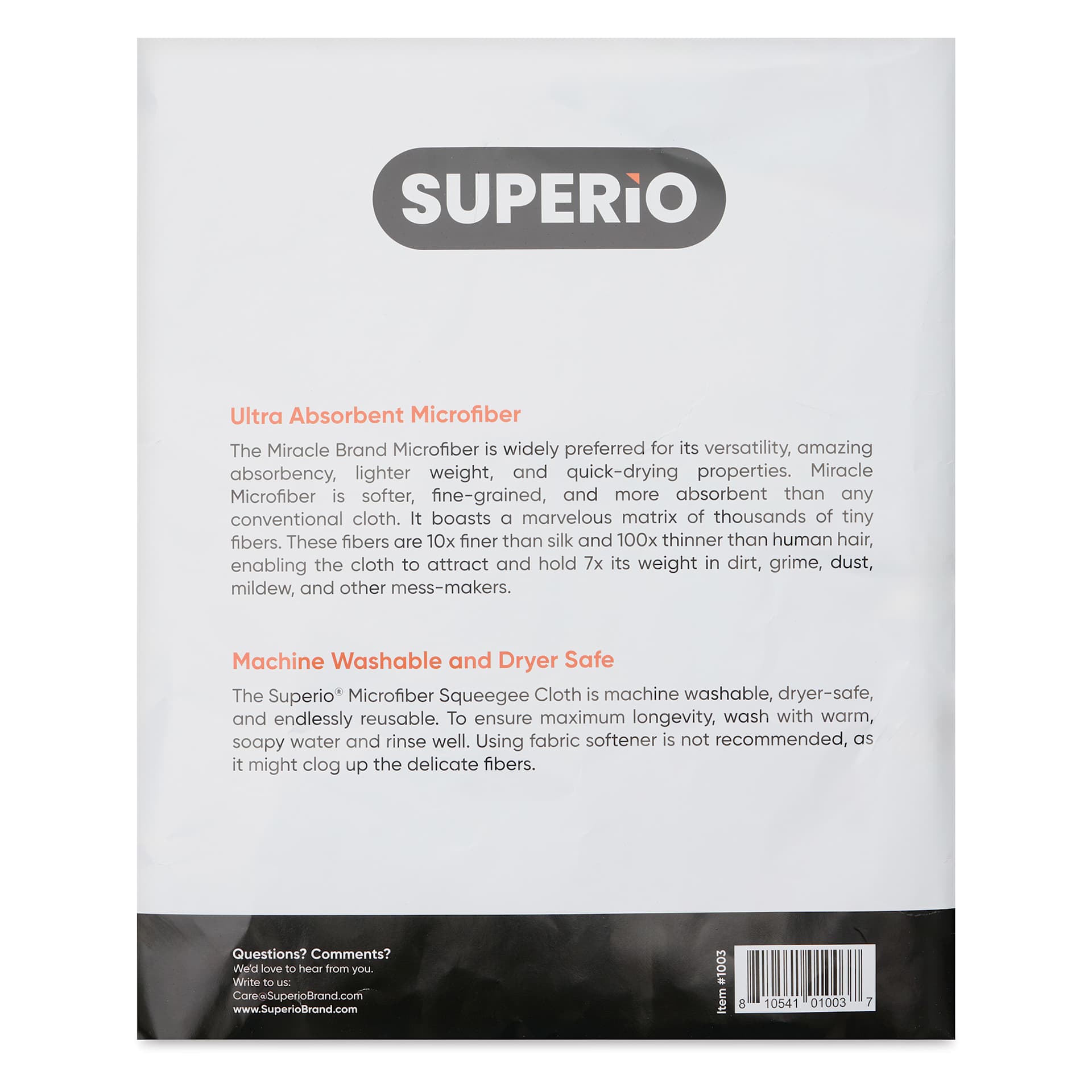 Superio Microfiber Cloth - Dark Gray, 20" x 31", back of packaging