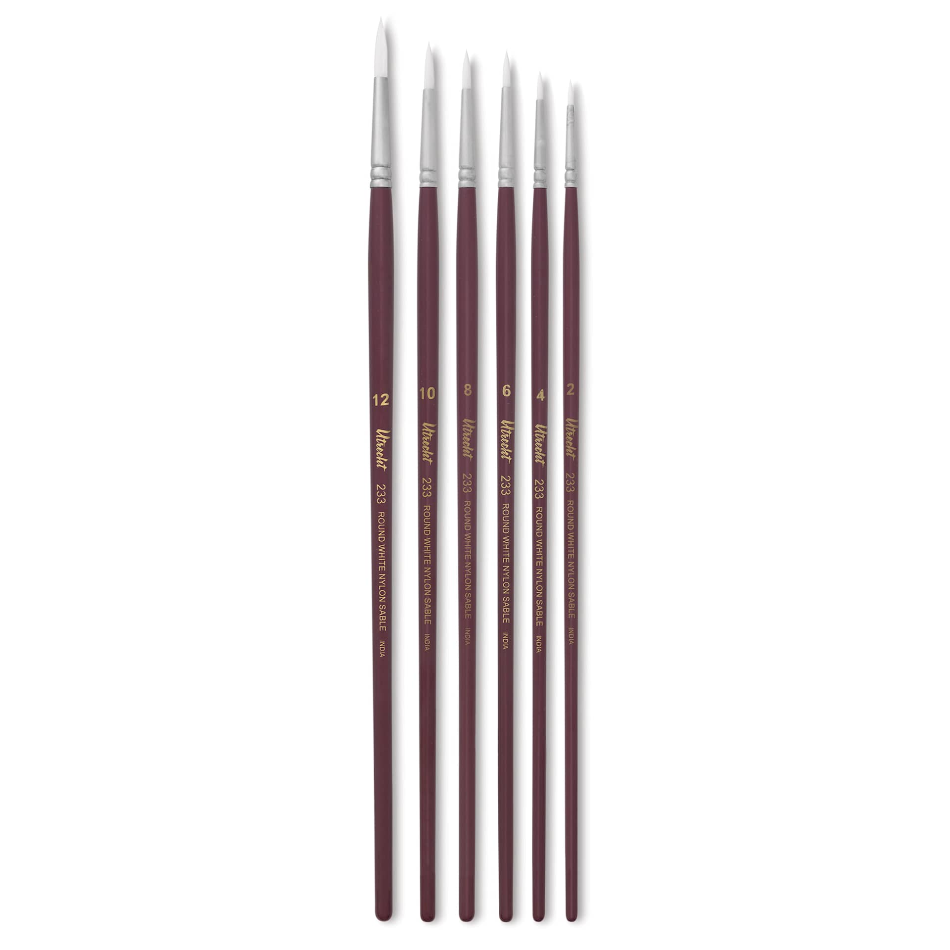 Utrecht Series 233 White Nylon Sable Round Brushes, group of six different sizes