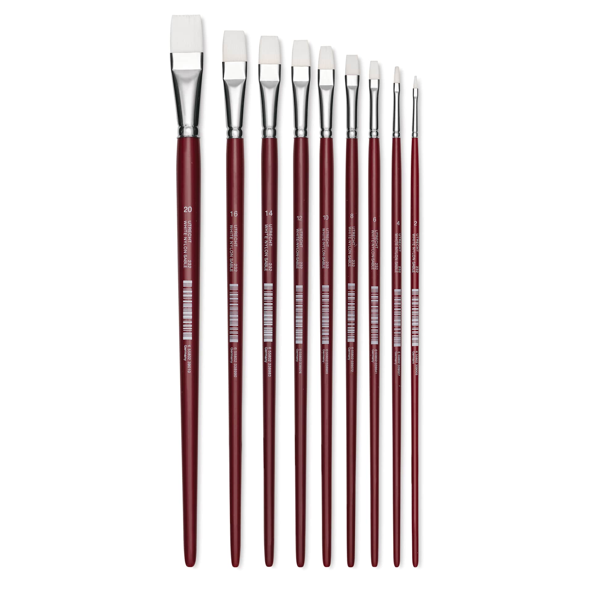 Utrecht Series 232 Synthetic White Nylon Sable Bright Brushes, full length of available sizes
