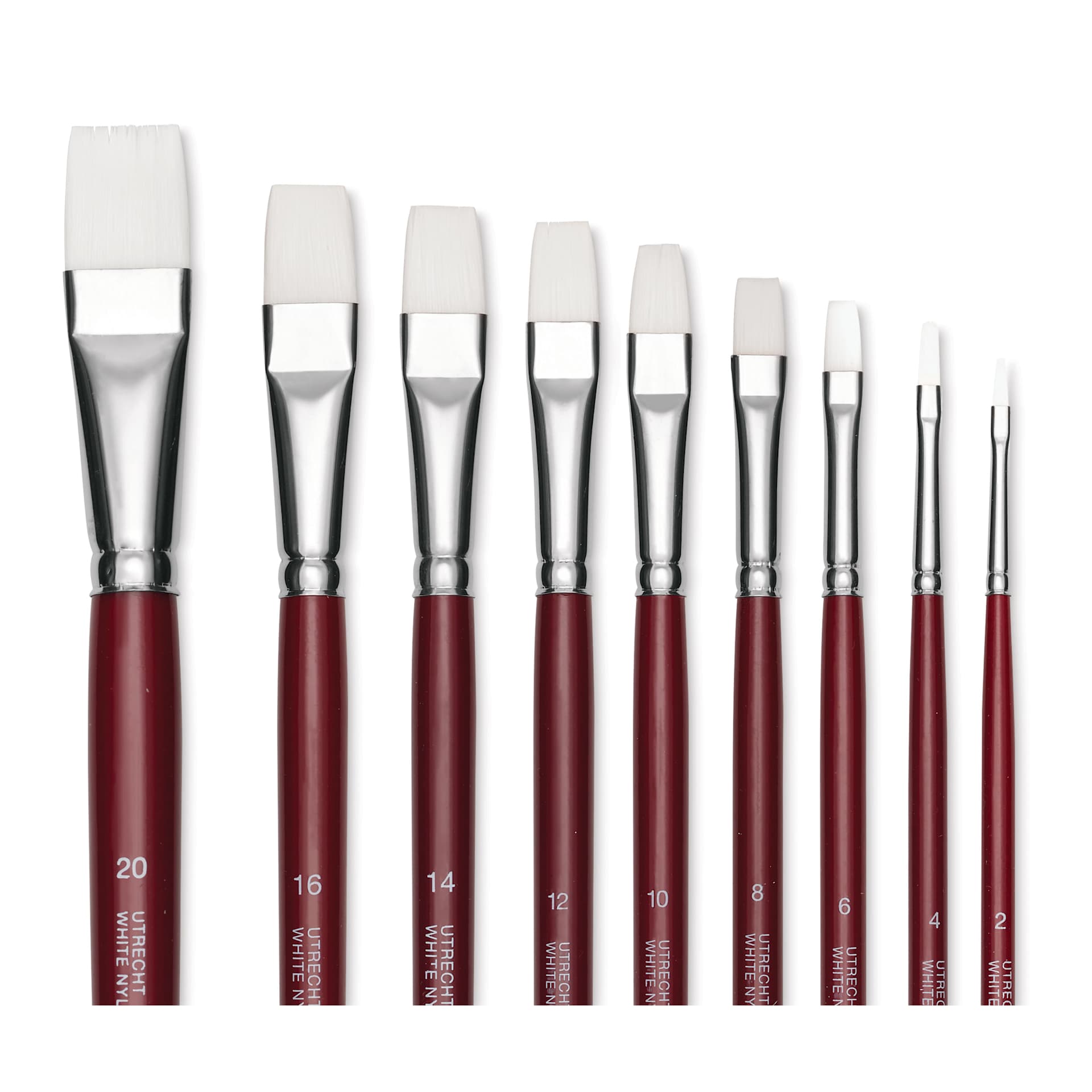 Utrecht Series 232 Synthetic White Nylon Sable Bright Brushes, close up of available sizes