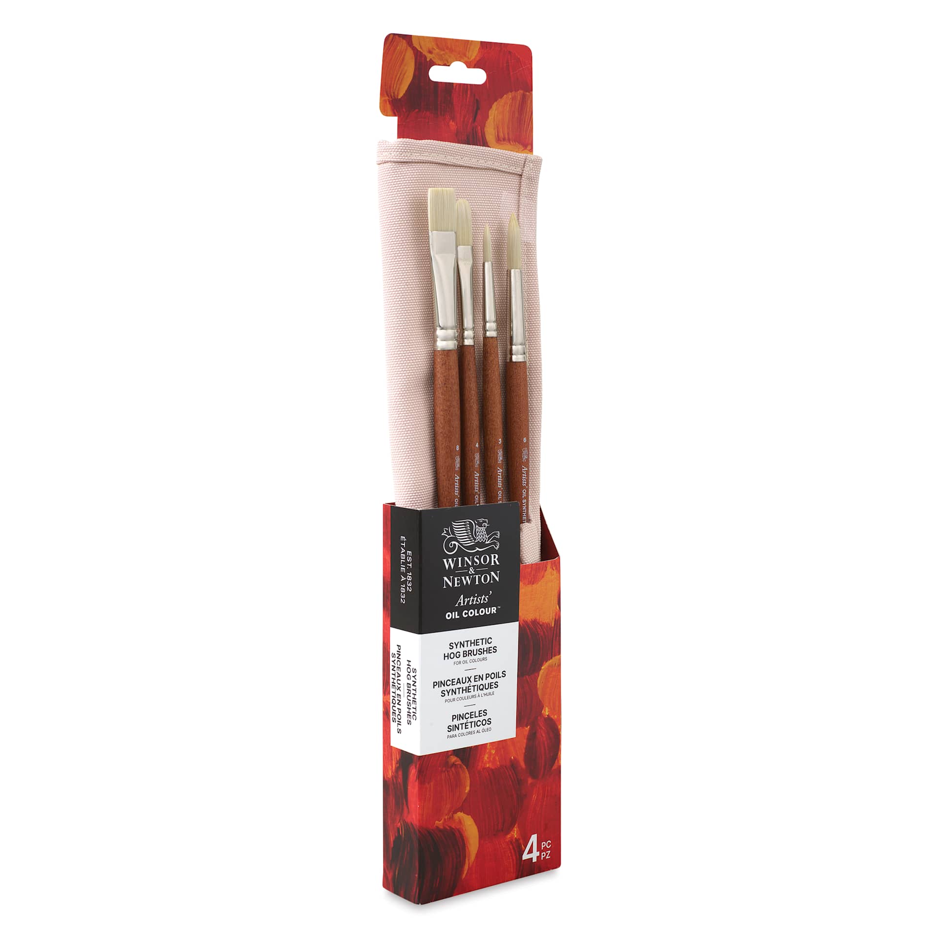Winsor & Newton Artists' Oil Synthetic Hog Brushes - Set of 4, Canvas Wallet Case, packaging