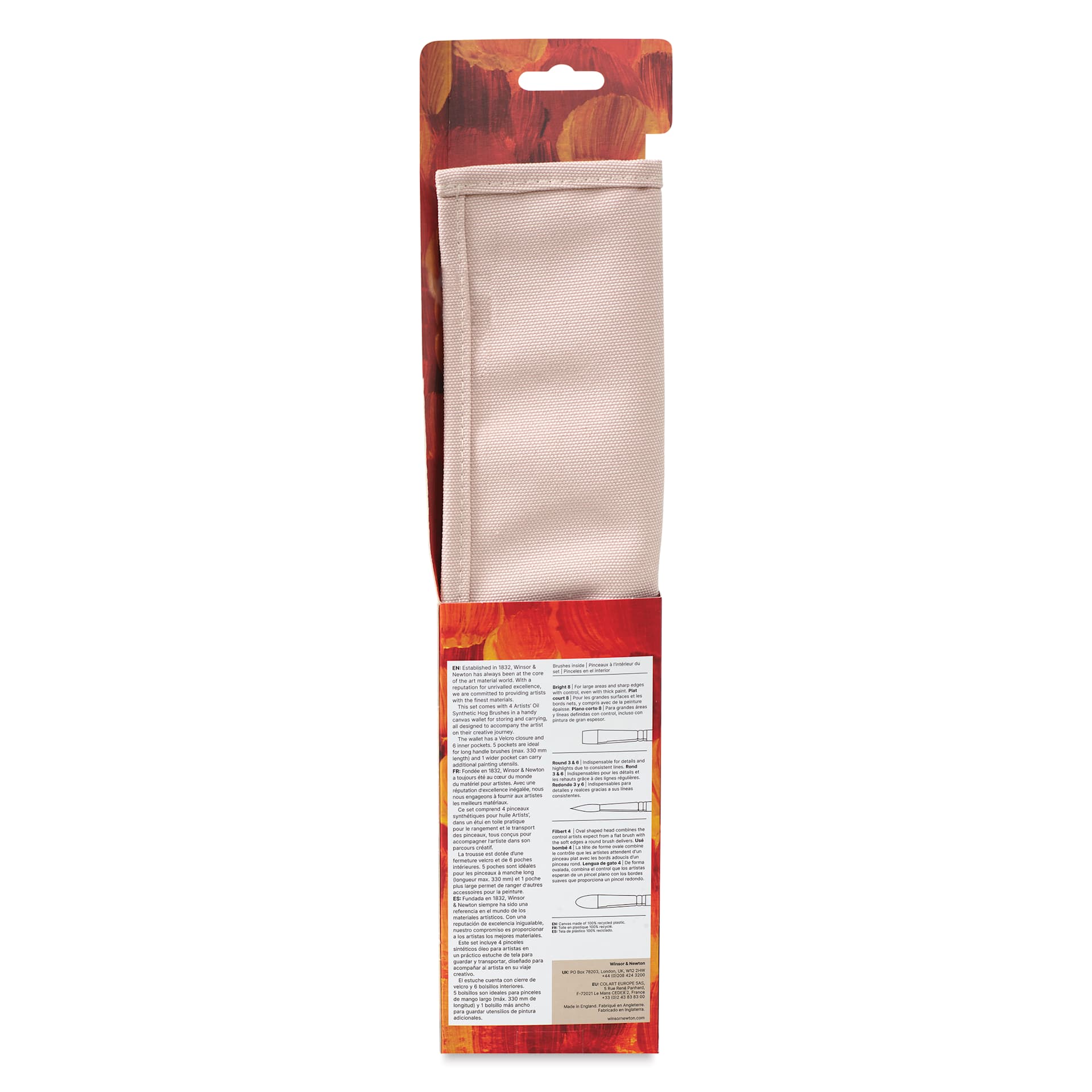 Winsor & Newton Artists' Oil Synthetic Hog Brushes - Set of 4, Canvas Wallet Case, back of the packaging