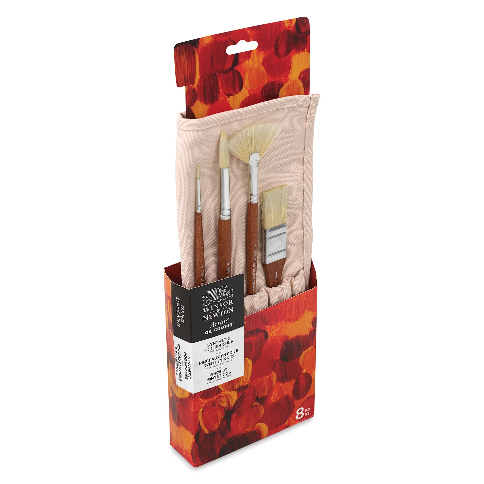 Winsor & Newton Artists' Oil Synthetic Hog Brushes - Set of 8, Canvas Roll Up, packaging
