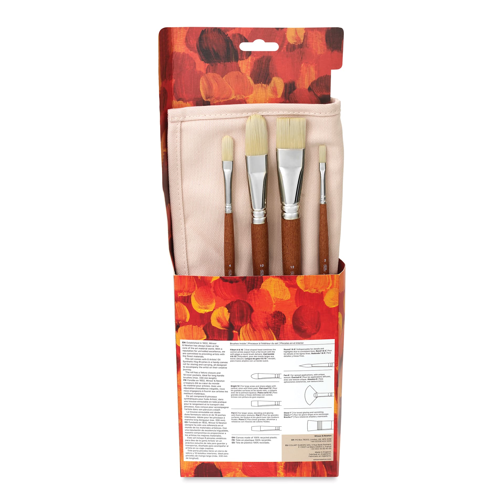 Winsor & Newton Artists' Oil Synthetic Hog Brushes - Set of 8, Canvas Roll Up, back of the packaging