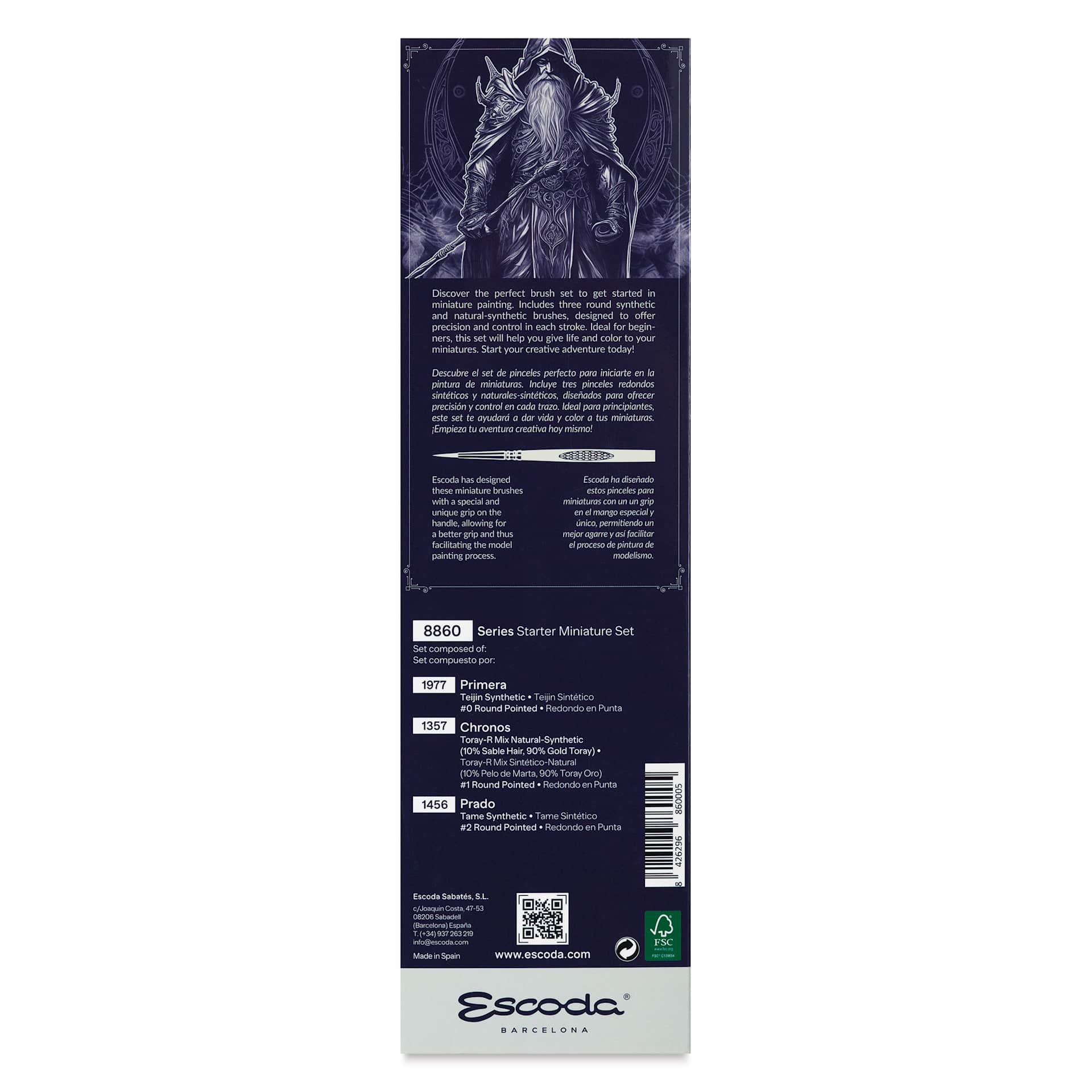 Escoda Miniature Brush Starter Set - Set of 3, Assorted Sizes, back of the packaging