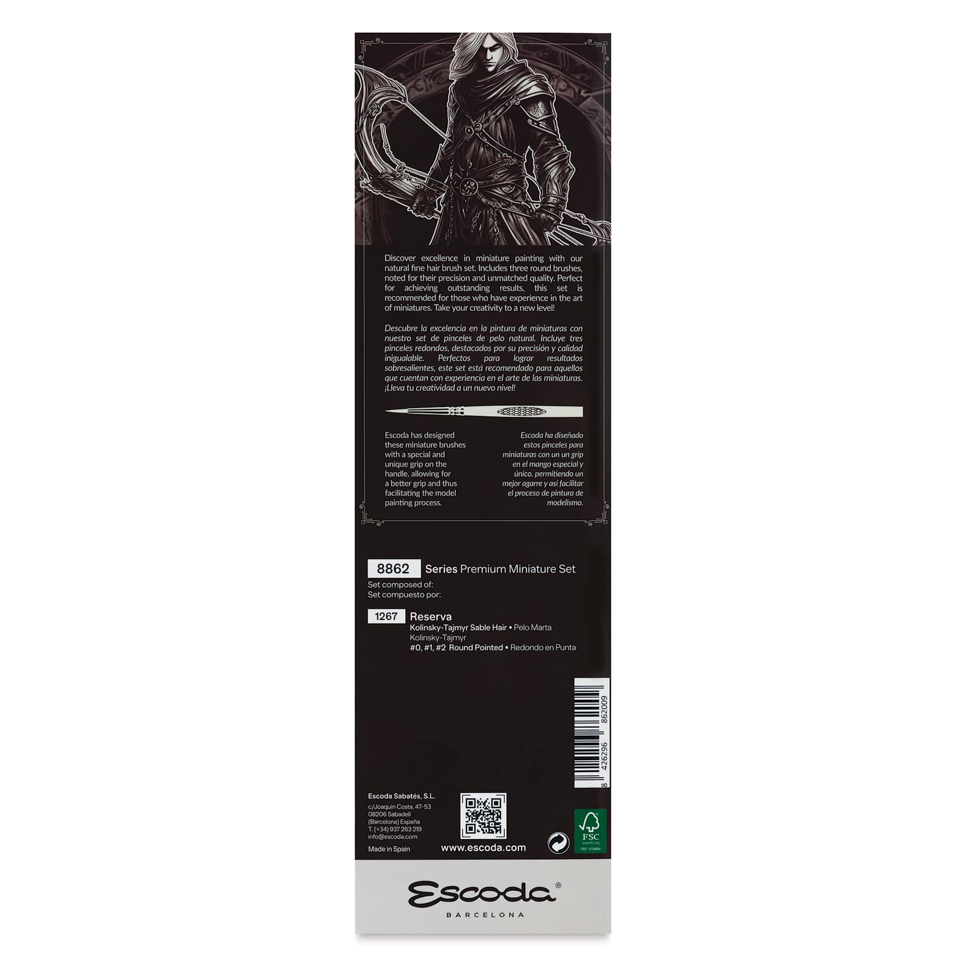 Escoda Miniature Brush Premium Set - Set of 3, Assorted Sizes, back of the packaging