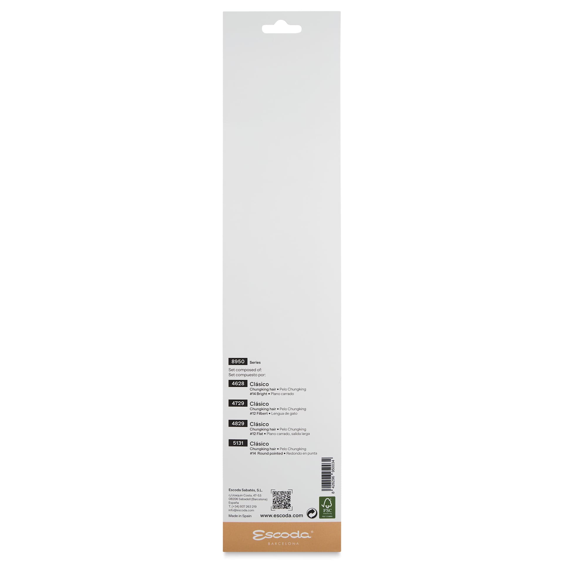 Escoda Clasico Chungking White Bristle Brushes - 8950 Assorted, Set of 4, Long Handle, back of packaging