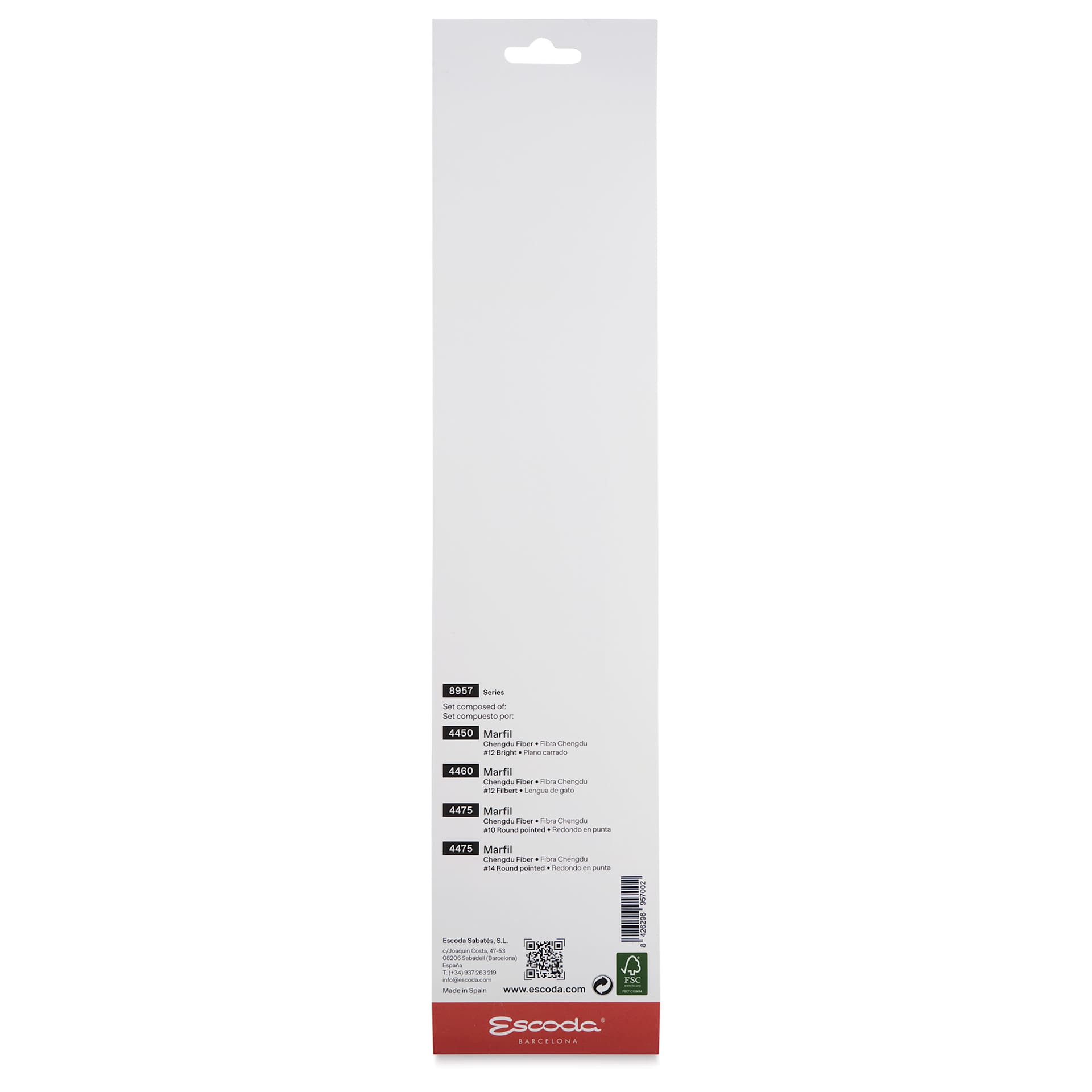Escoda Marfil Synthetic Bristle Brushes - Series 8957 Assorted, Set of 4, back of the packaging