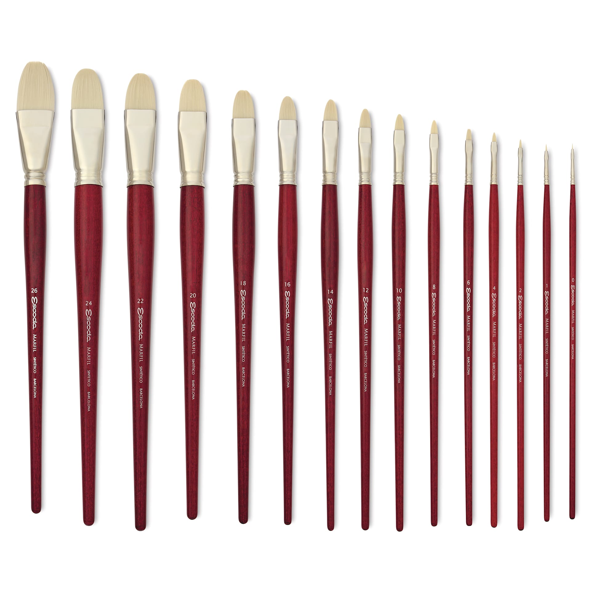 Escoda Marfil Synthetic Bristle Filbert Brushes, laid out