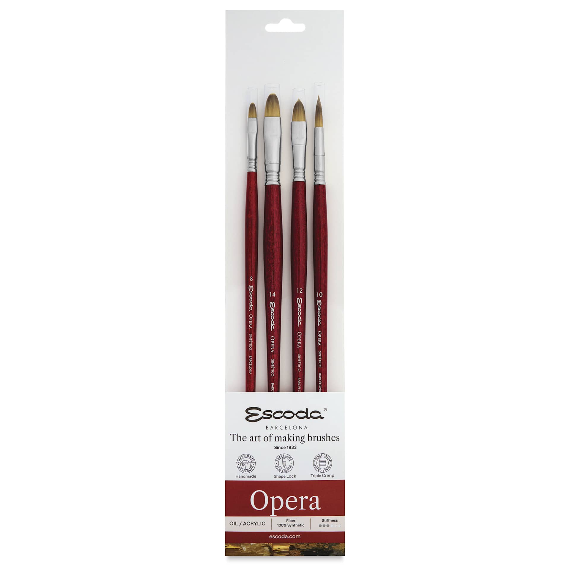Escoda Opera Takatsu Synthetic Brushes - Assorted, Set of 4. Long Handle, front of the packaging