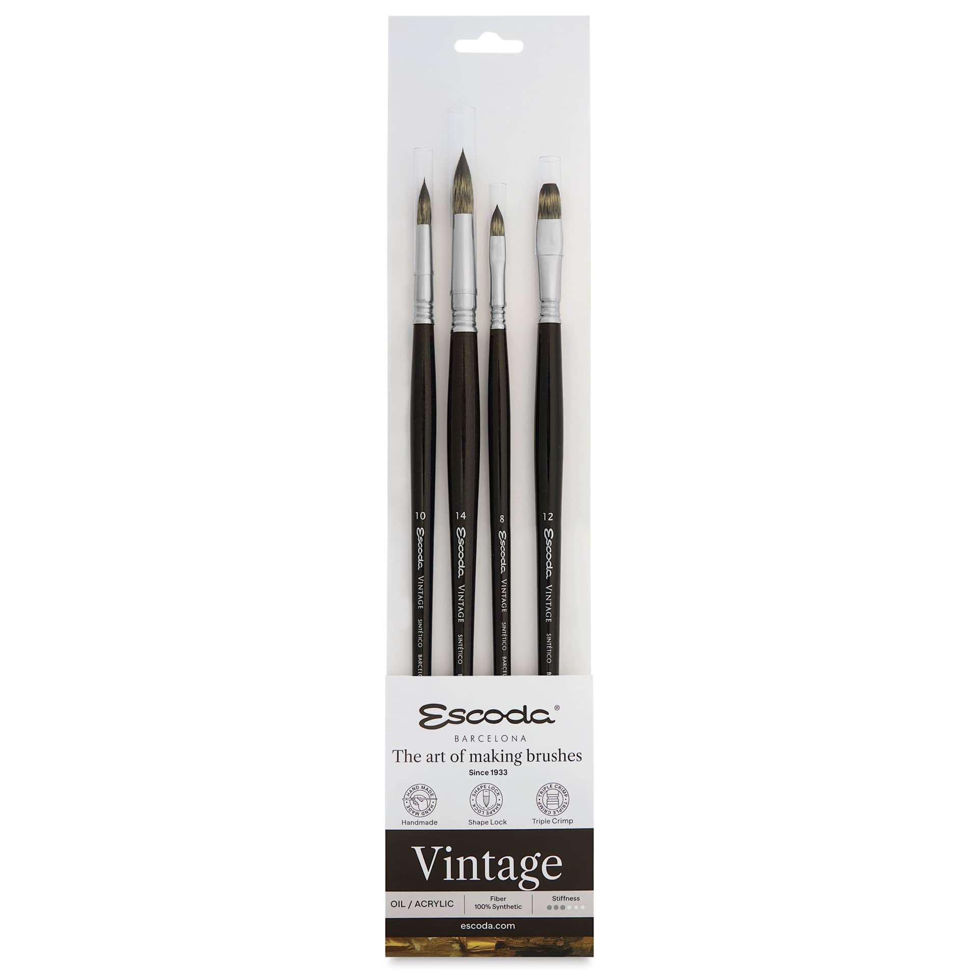 Escoda Vintage Synthetic Brushes - Assorted, Long  Handle, Set of 4, front of the packaging