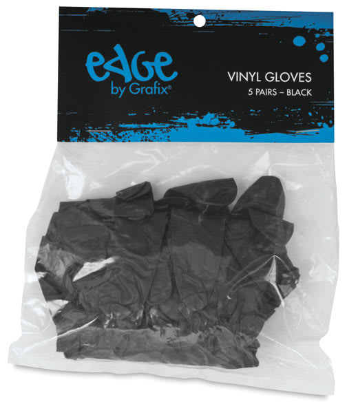 Grafix Edge Vinyl Gloves - Package of 10 Black gloves shown in bag with hang tag 