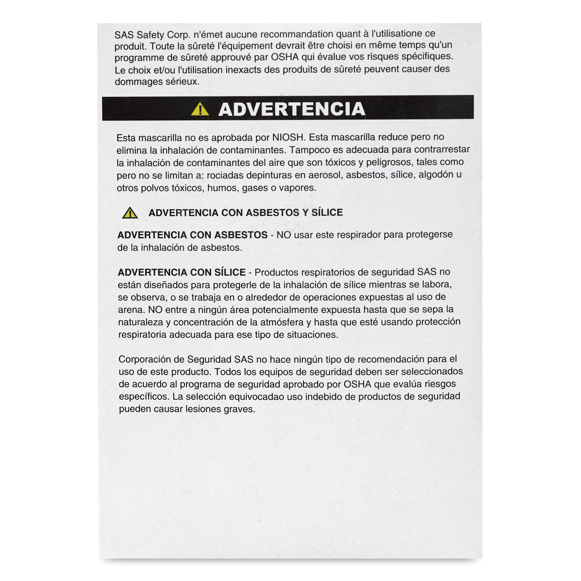 SAS Nuisance Dust Mask - Pkg of 50 - back of packaging
