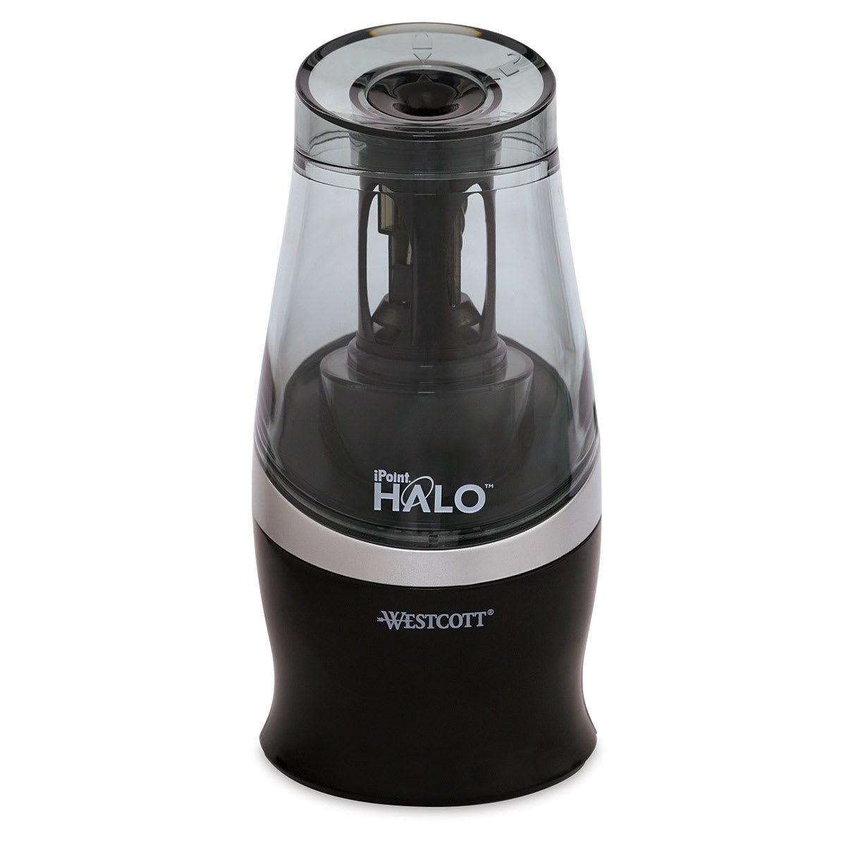 Westcott iPoint Halo Electric Colored Pencil Sharpener - Front view of empty Halo Sharpener Westcott iPoint Halo Electric Colored Pencil Sharpener - Front view of empty Halo Sharpener