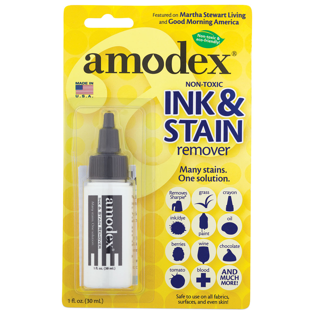Amodex Ink and Stain Remover - Front of blister package showing 1 oz bottle