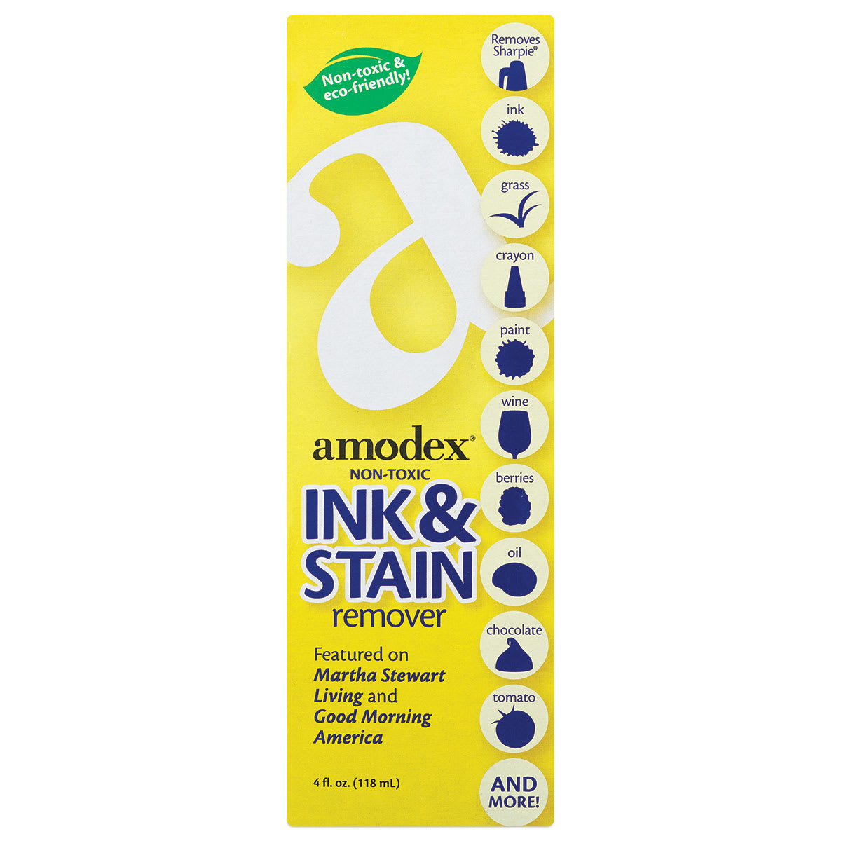 Amodex Ink and Stain Remover - Front of blister package showing 4 oz bottle