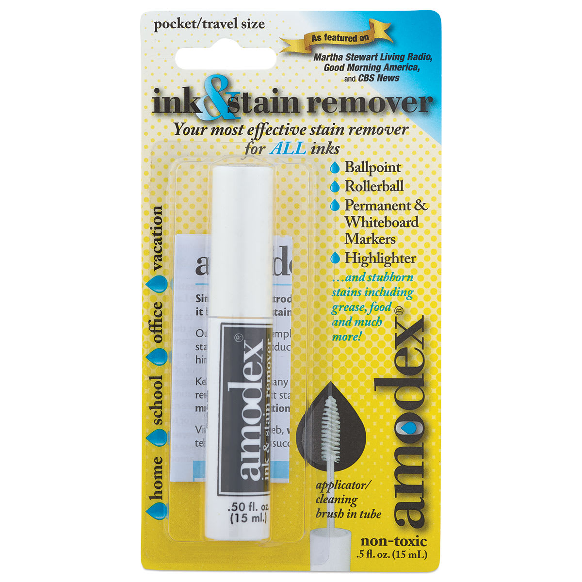 Amodex Ink and Stain Remover - Front of blister package showing .5 oz tube
