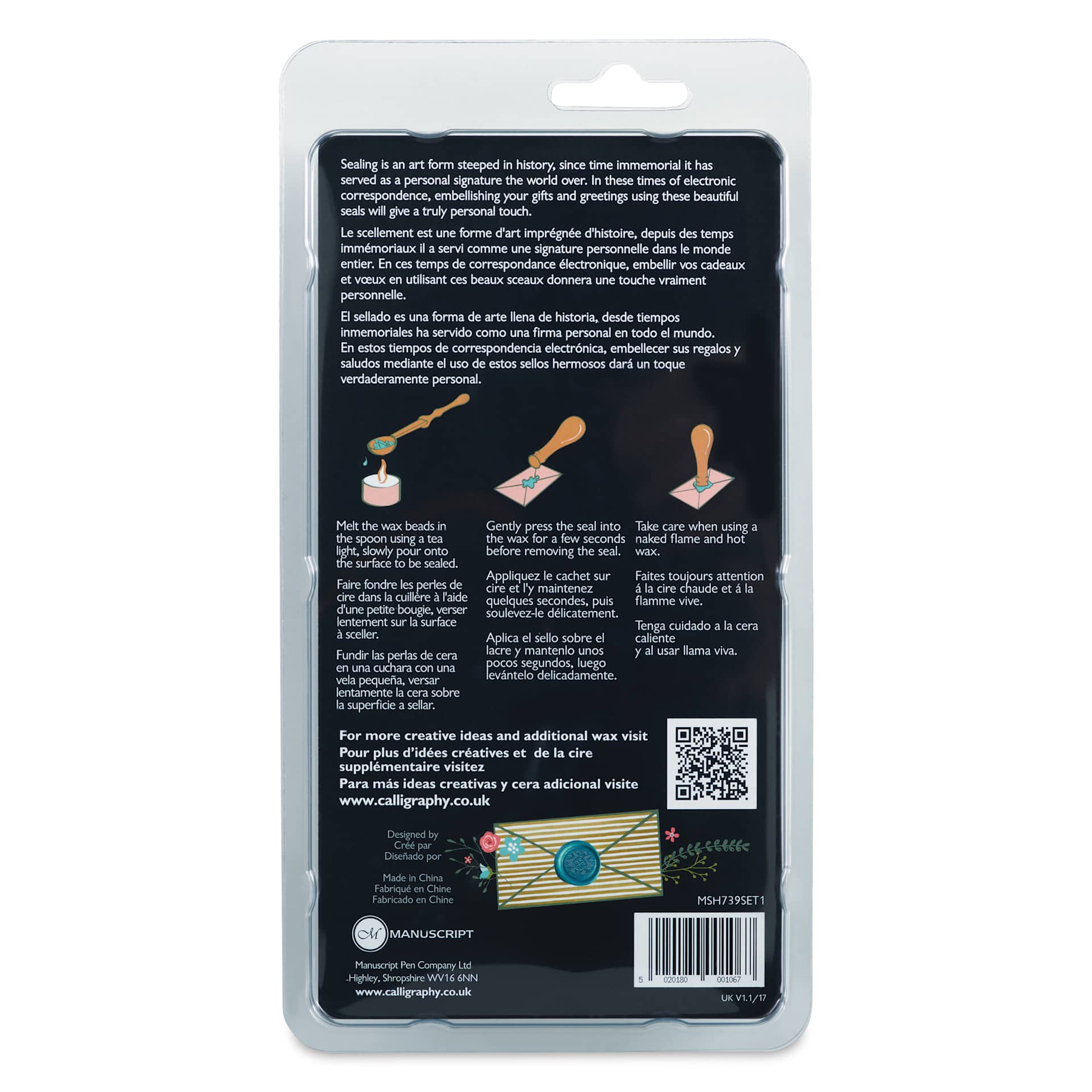 Manuscript Wax Seal Set with Wax Beads, back of packaging