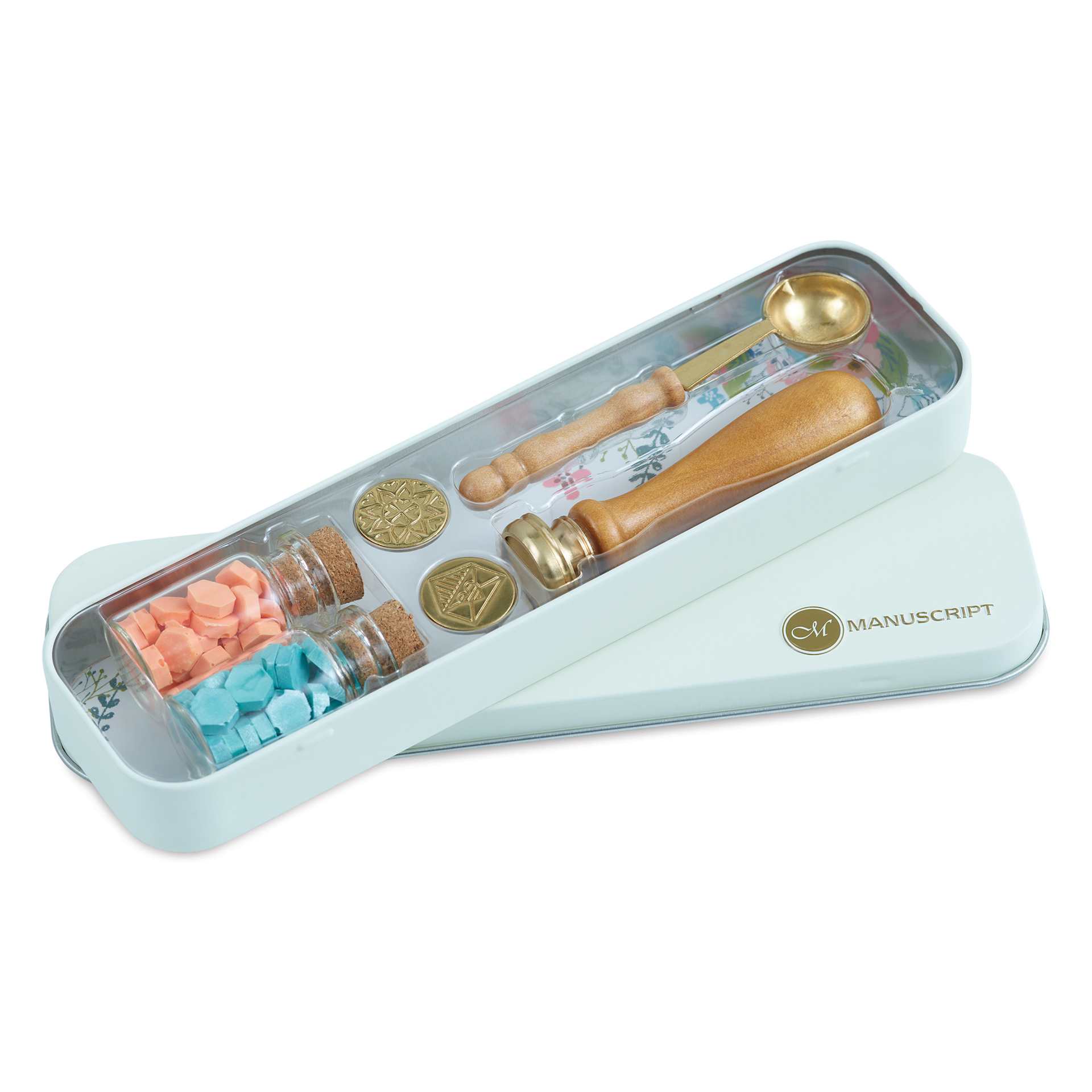 Contents of Manuscript Wax Seal Set with Wax Beads in the tin case