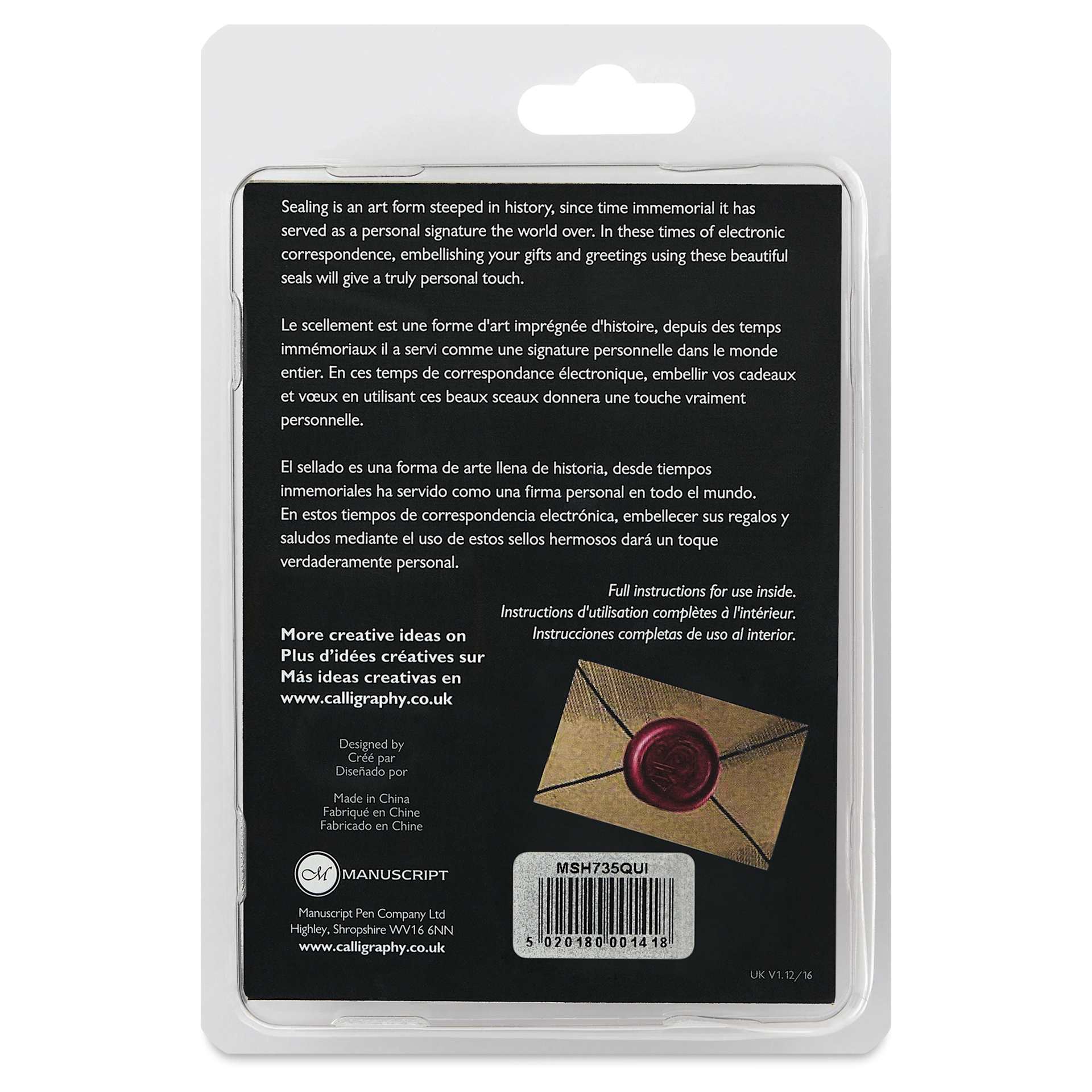 Manuscript Wax and Seal Small Ceramic Coin Set - Quill, back of packaging