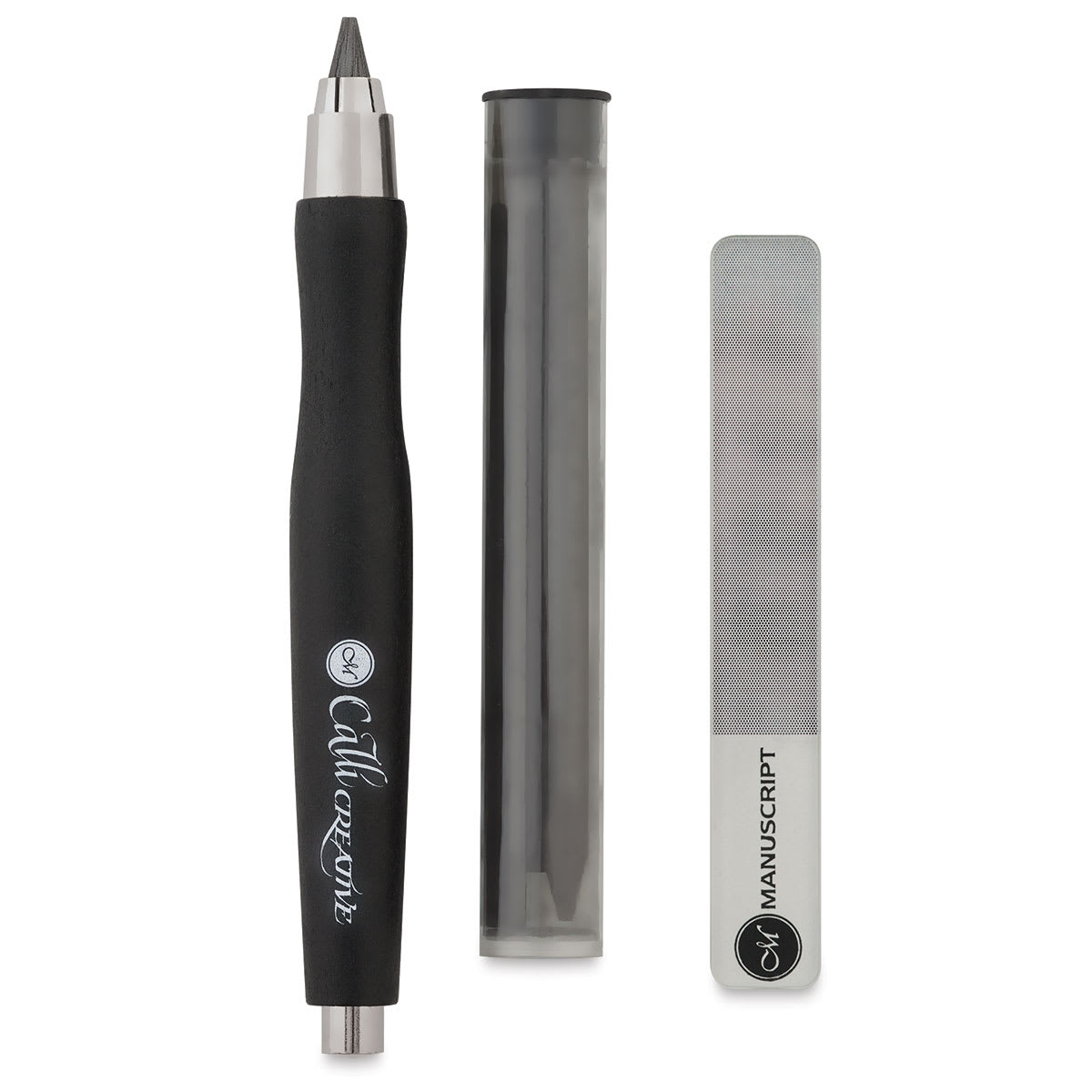 Callicreative Lettering Pencil - Pencil, Leads, and Sharpening stone shown upright
