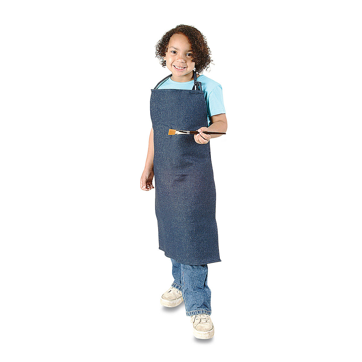 Children's Denim Apron - Child wearing apron and holding paintbrush shown