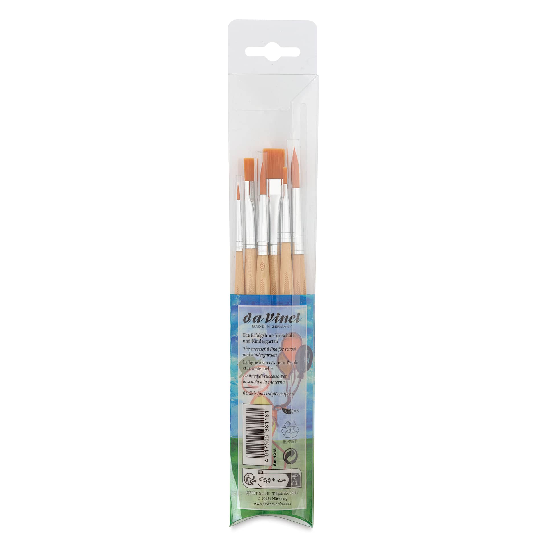 Da Vinci Junior Synthetic Brushes - Short Handle, Assorted, Set of 6, back of the packaging