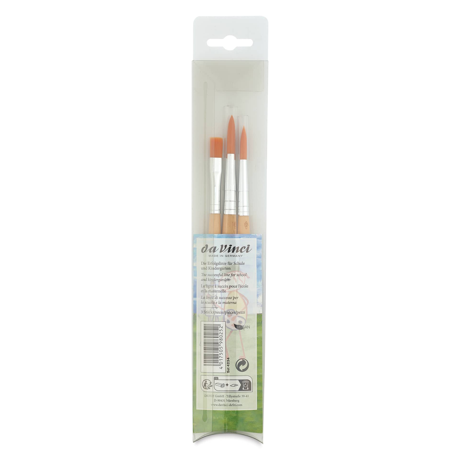 Da Vinci Junior Synthetic Brushes - Short Handle, Assorted, Set of 3, back of the packaging