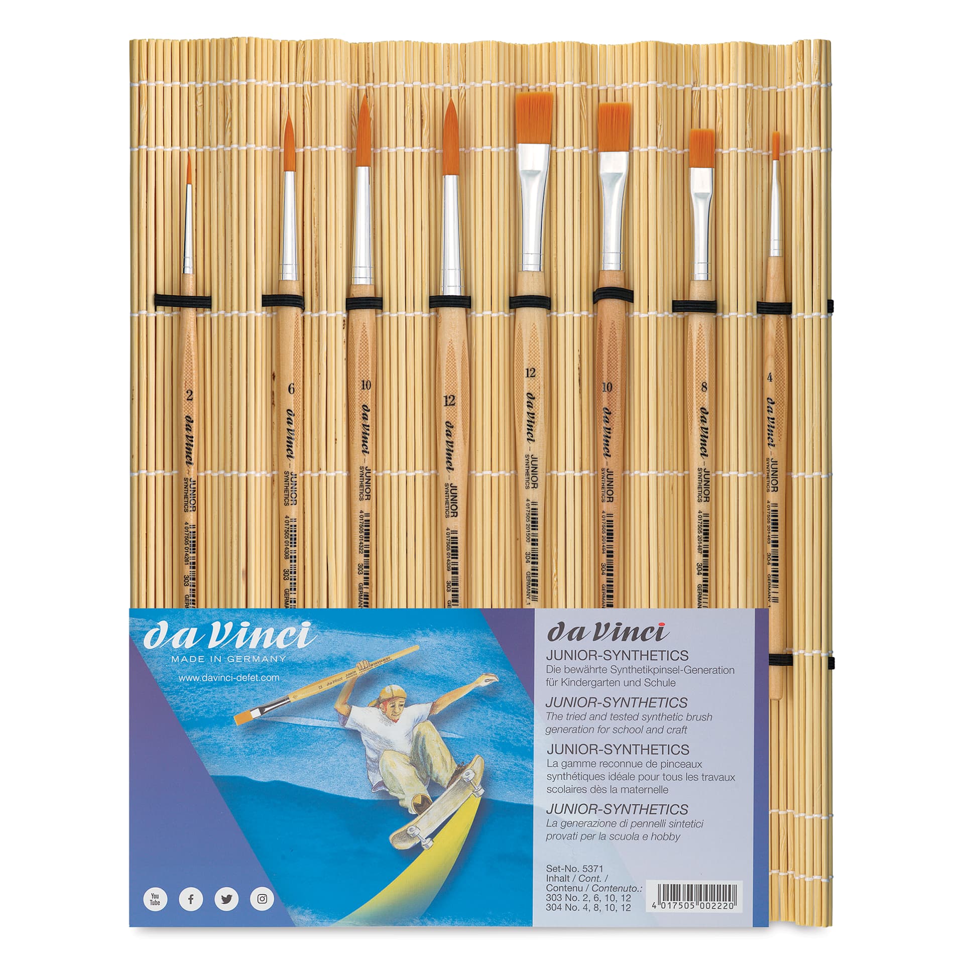 Da Vinci Junior Synthetic Brushes - Short Handle, Assorted, Set of 8 with Bamboo Wrap, with label