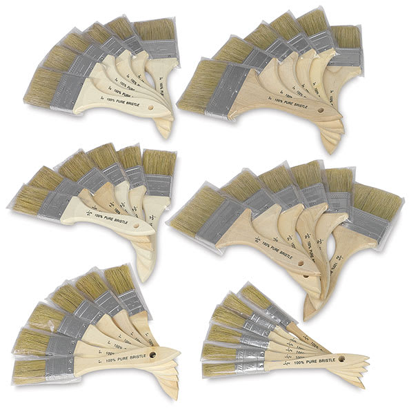 Blick Economy White Bristle Gesso Brush - Components of Classpack shown stacked by brush size
